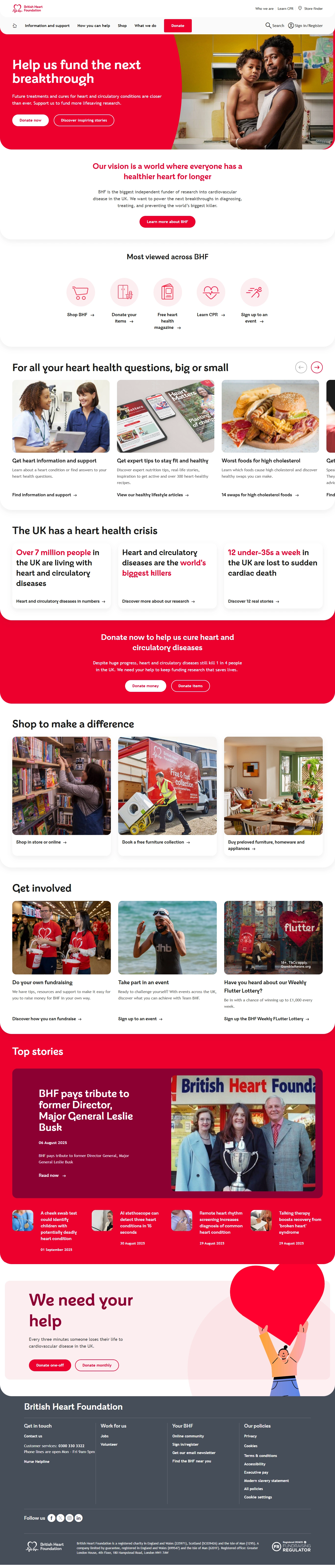 The British Heart Foundation website homepage, featuring a bold red and white color scheme. The top section shows a banner with text about a breakthrough and an image of a man holding a baby. Below are various sections with images and headlines about heart health questions, a heart health crisis, and ways to get involved, including photos of people exercising and in everyday situations. The bottom of the page has a banner with the headline "We need your help" and a graphic of a figure holding a large red heart.