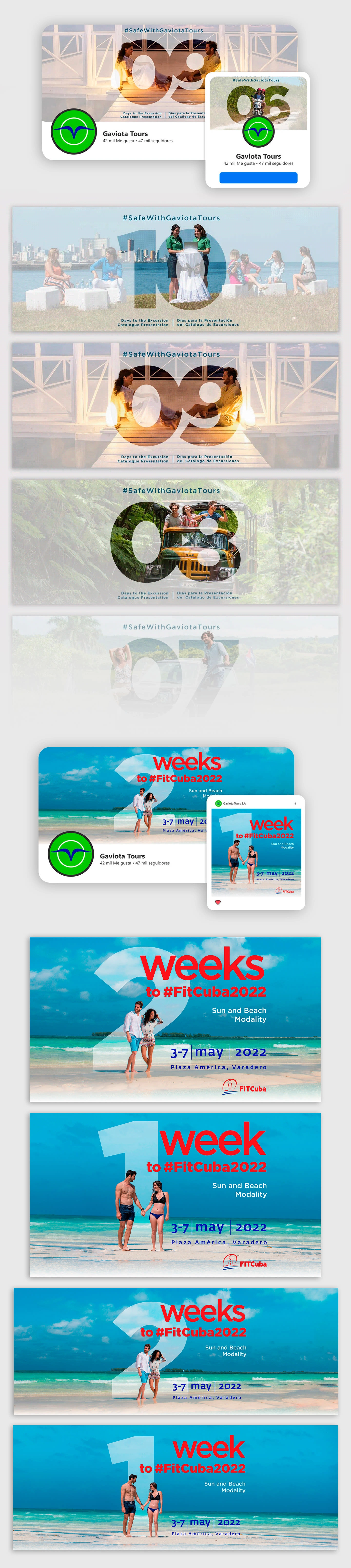 Countdown to adventure! Gaviota Tours’ social media campaigns — vibrant, beach-ready graphics blending travel, safety, and excitement with bold typography and tropical vibes.