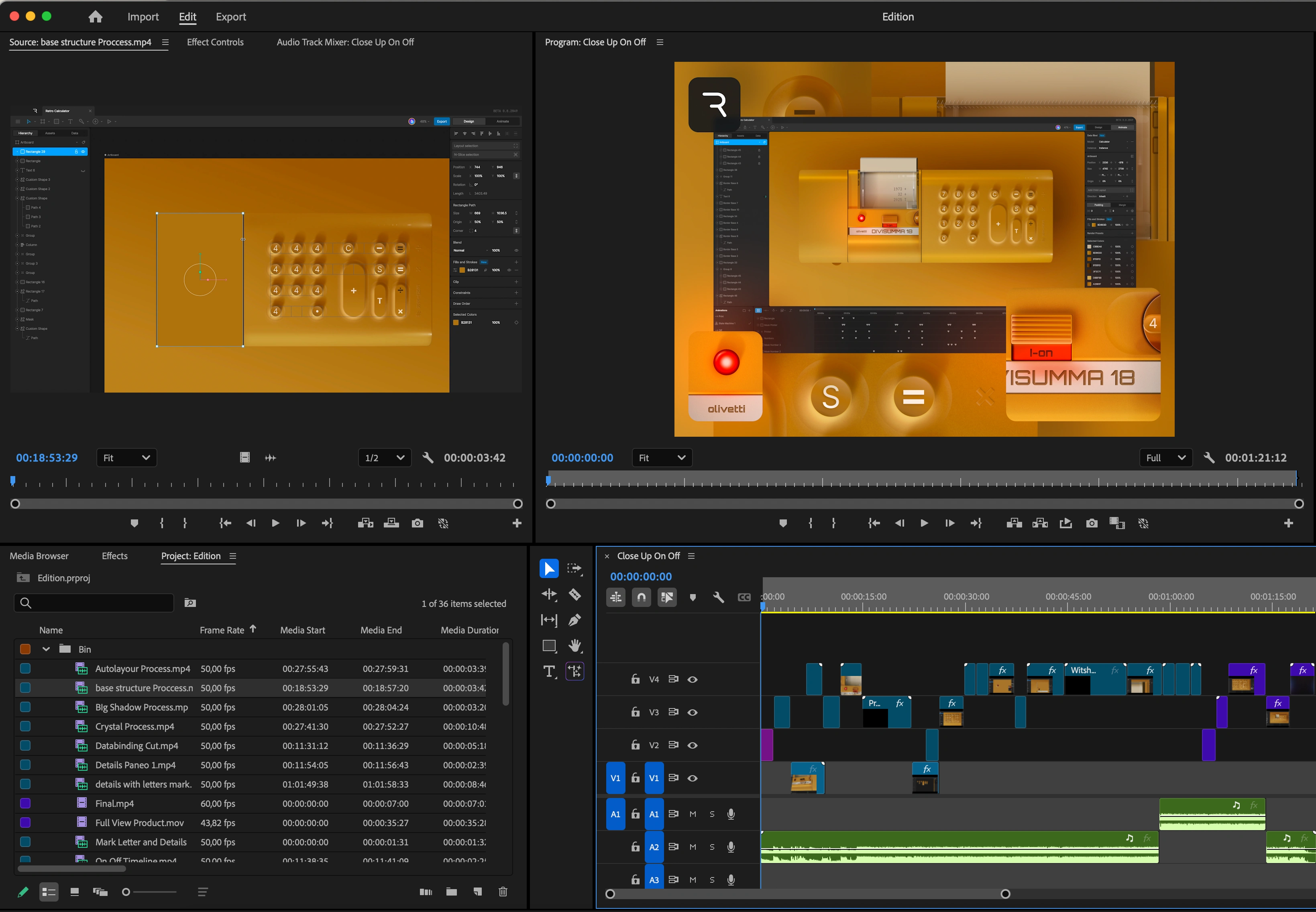 Olivetti Divisumma 18  **Adobe Premiere**: Full edit assembly and timing
