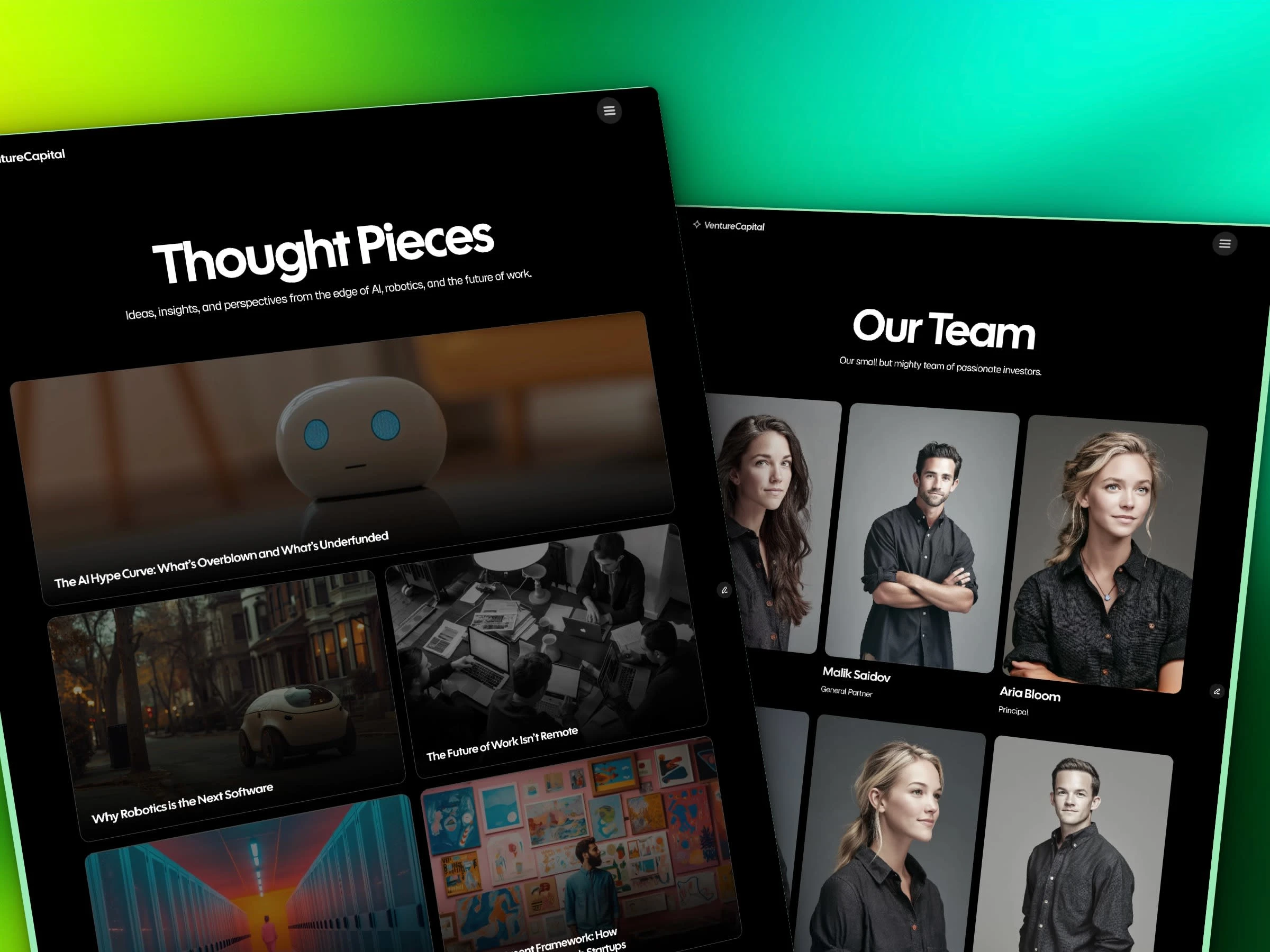 Blog & Team pages of the website. Each team member also has their own profile page