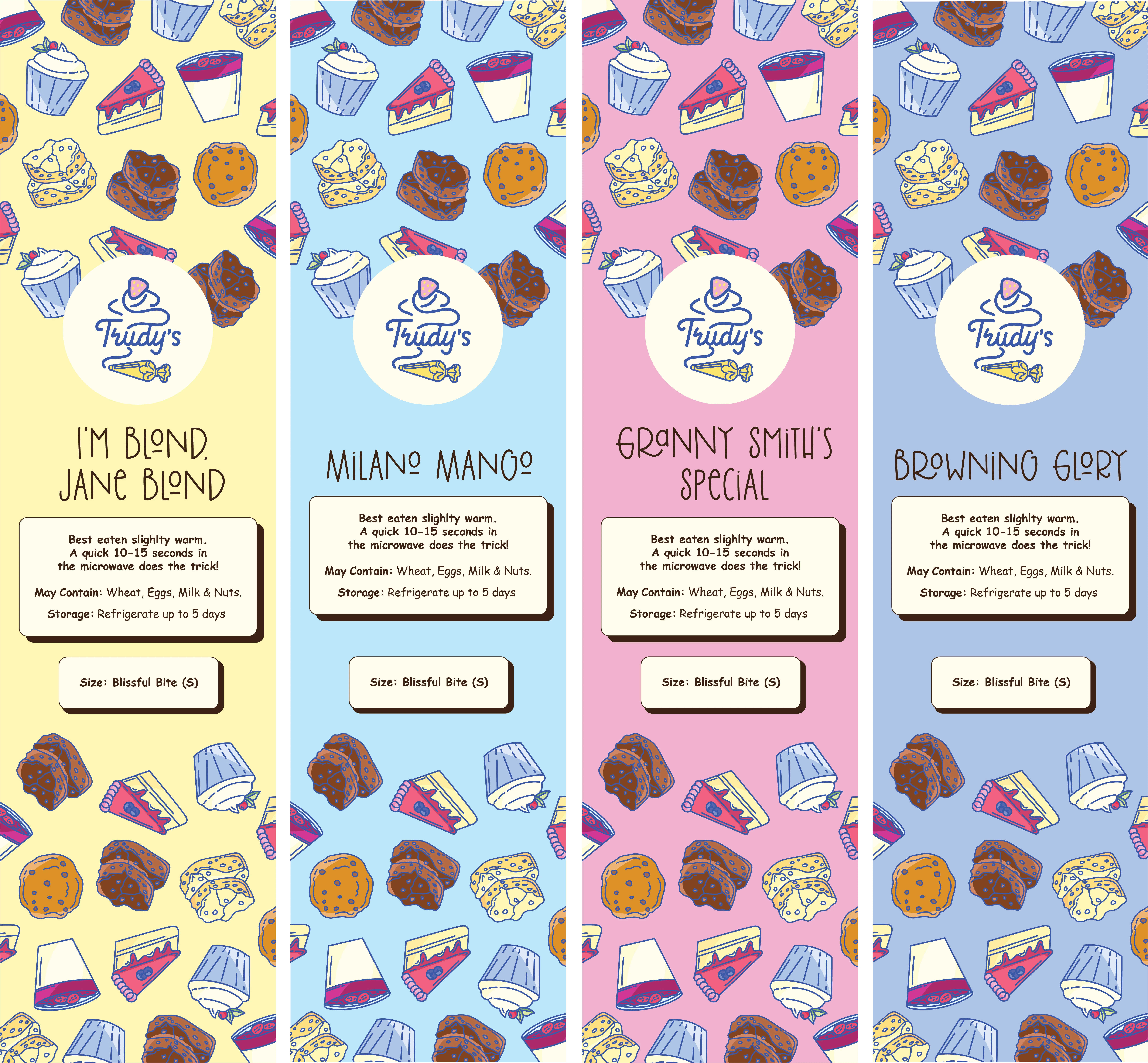 A selection of label designs for Trudy's dessert packaging. The labels are colour coded for each category of treats