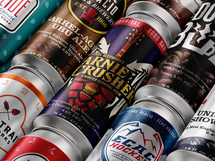 Custom can labels for the Lake Placid Pub & Brewery, Big Slide Brewery & Public House, and RiverTrail Beerworks.