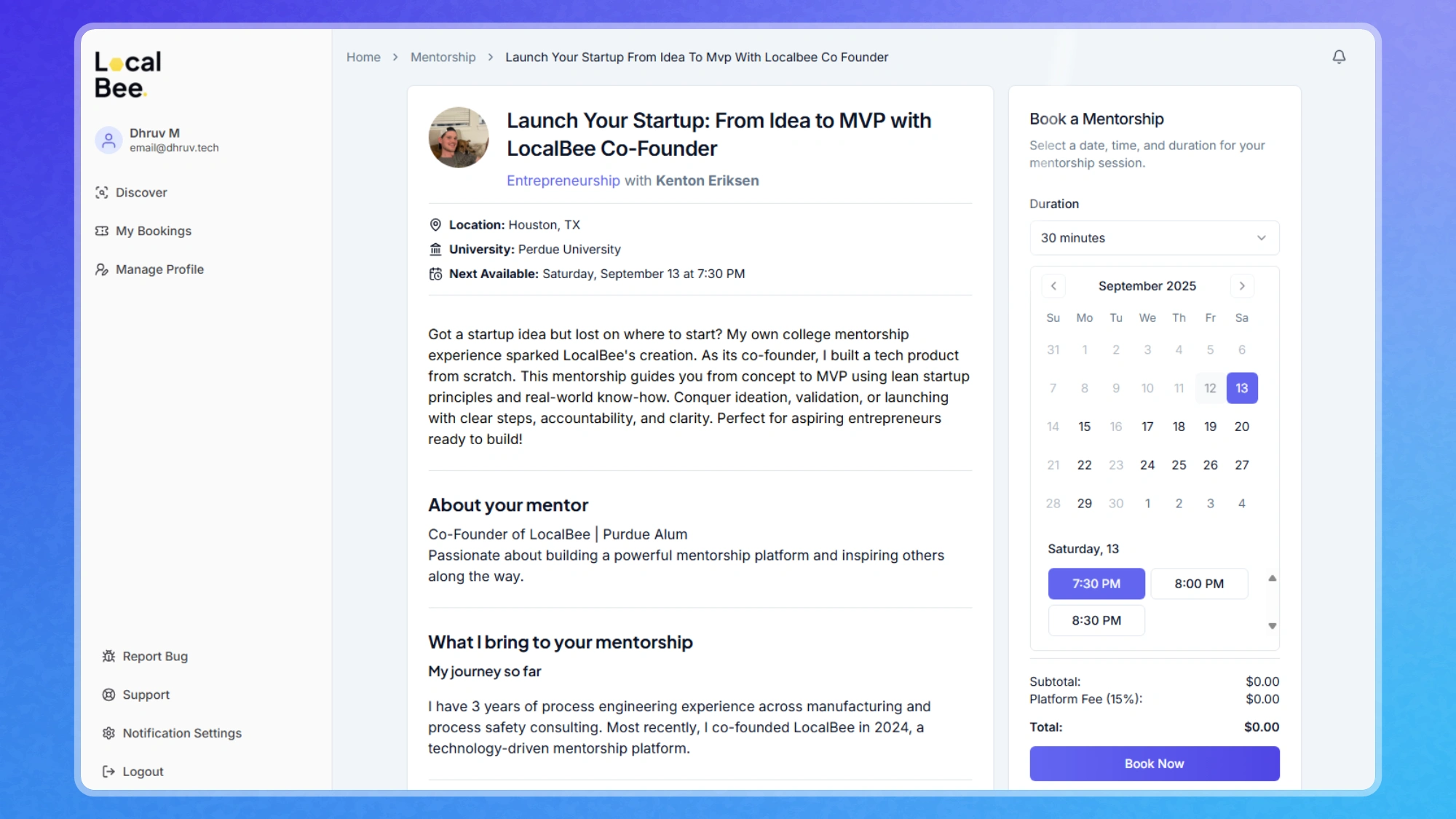 Mentorship Post, with Booking Form - Mentee View
