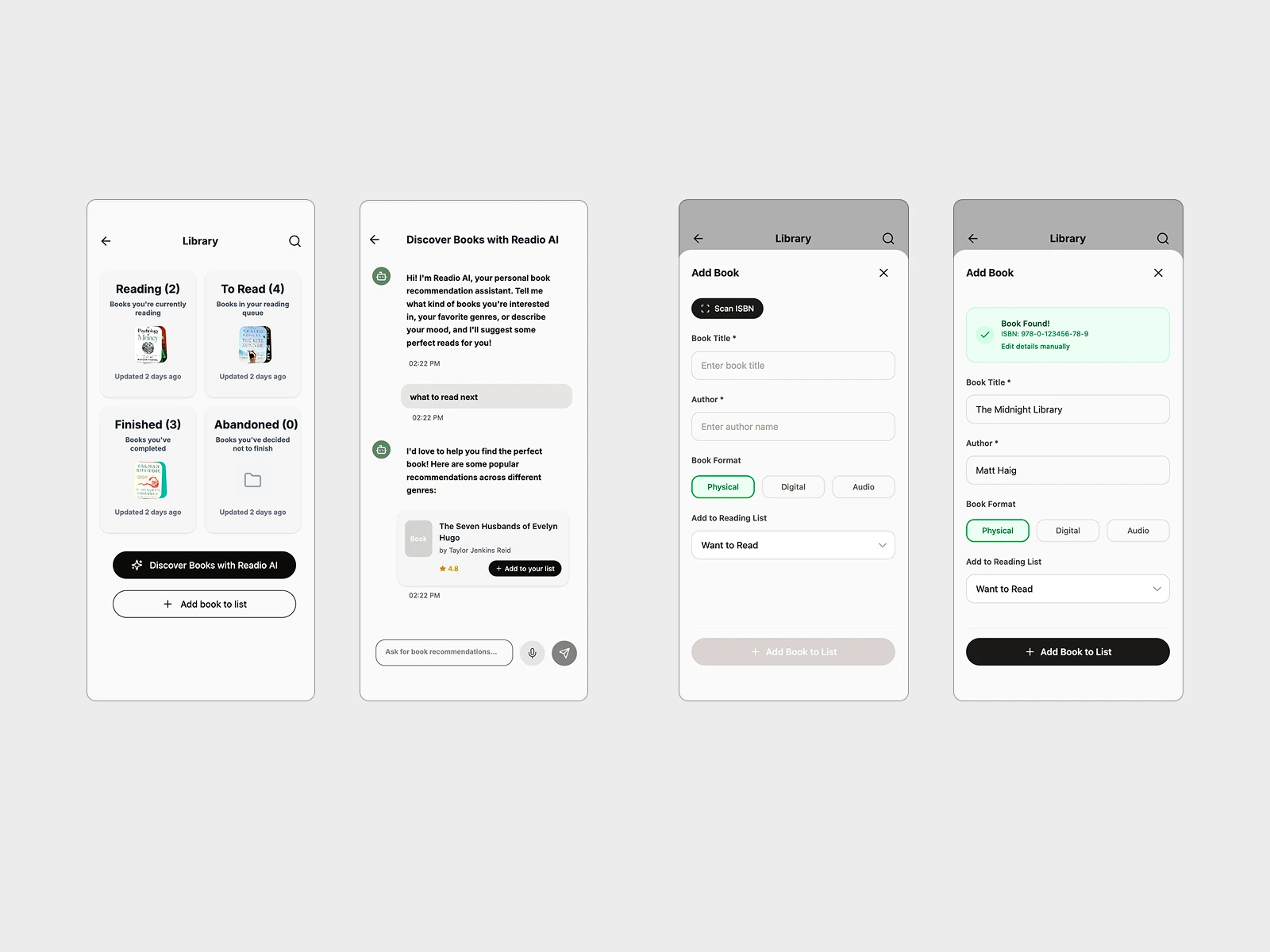 Readio App- Discovering books with AI and adding books to the lists