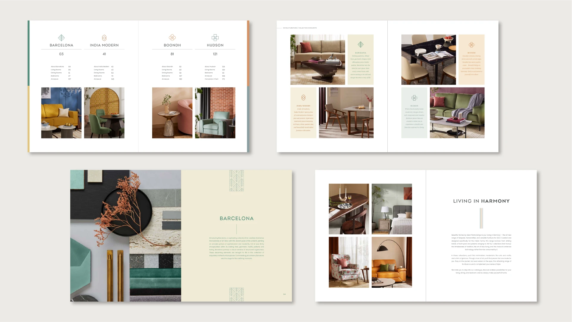 Spread design for intro pages (Table of content, collective and individual section highlights, introduction to the theme)