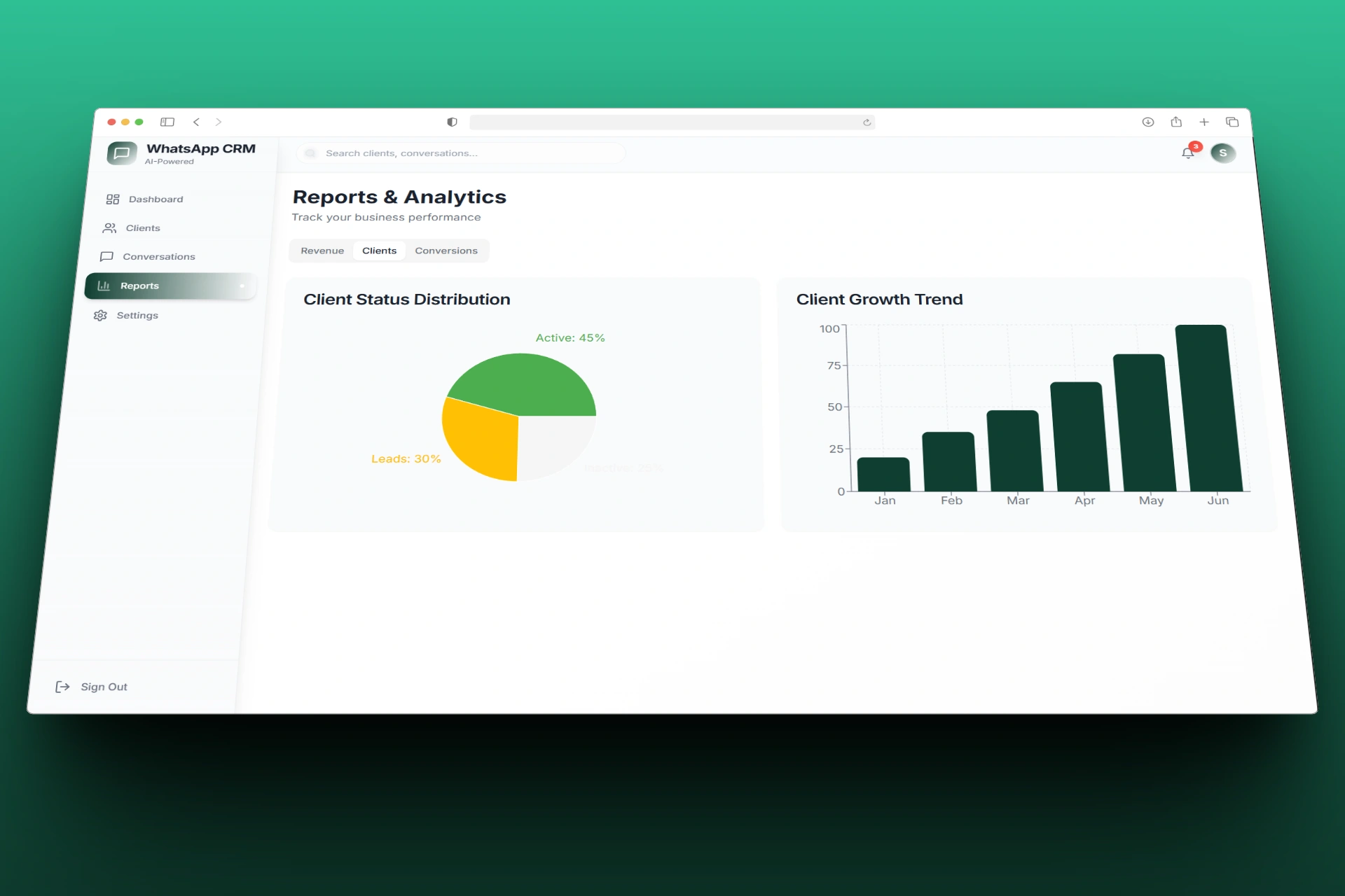 Client Details View - Comprehensive client profile with contact information, status management, and conversation history in a clean, modern layout.