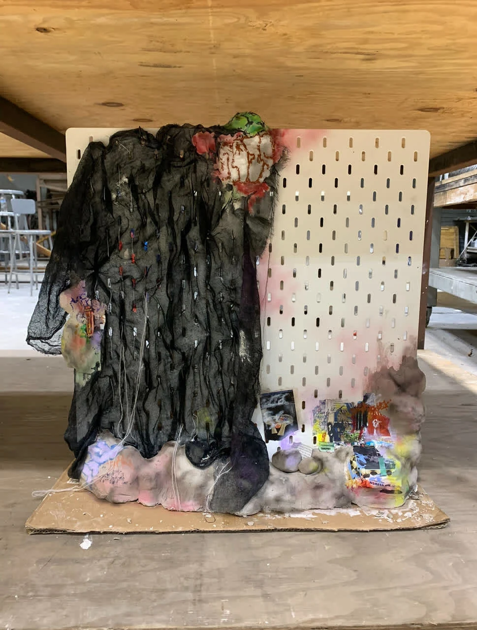 mixed media sculpture — peg board, fabric, wire, yarn, clay, oil pastel, airbrush. (2024)