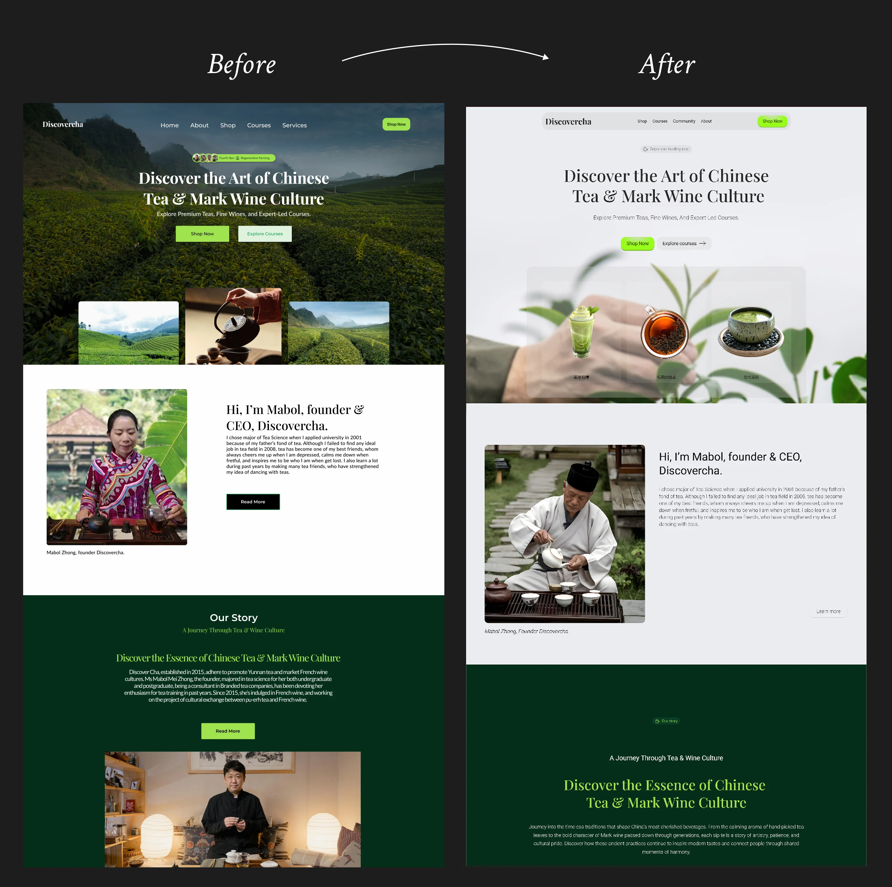 BEFORE & AFTER - Homepage hero: Establishing a premium, culture-driven visual identity for Discovercha 