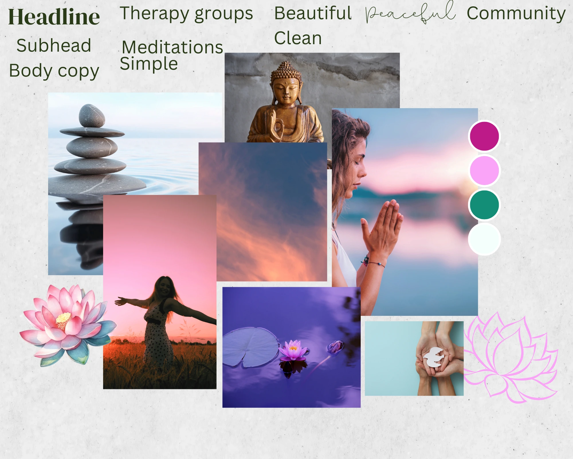 The first mood board we created for Cherry had shades of pinks, greens, and blues and focused on traditional imagery around meditation, peace, yoga, and healing.