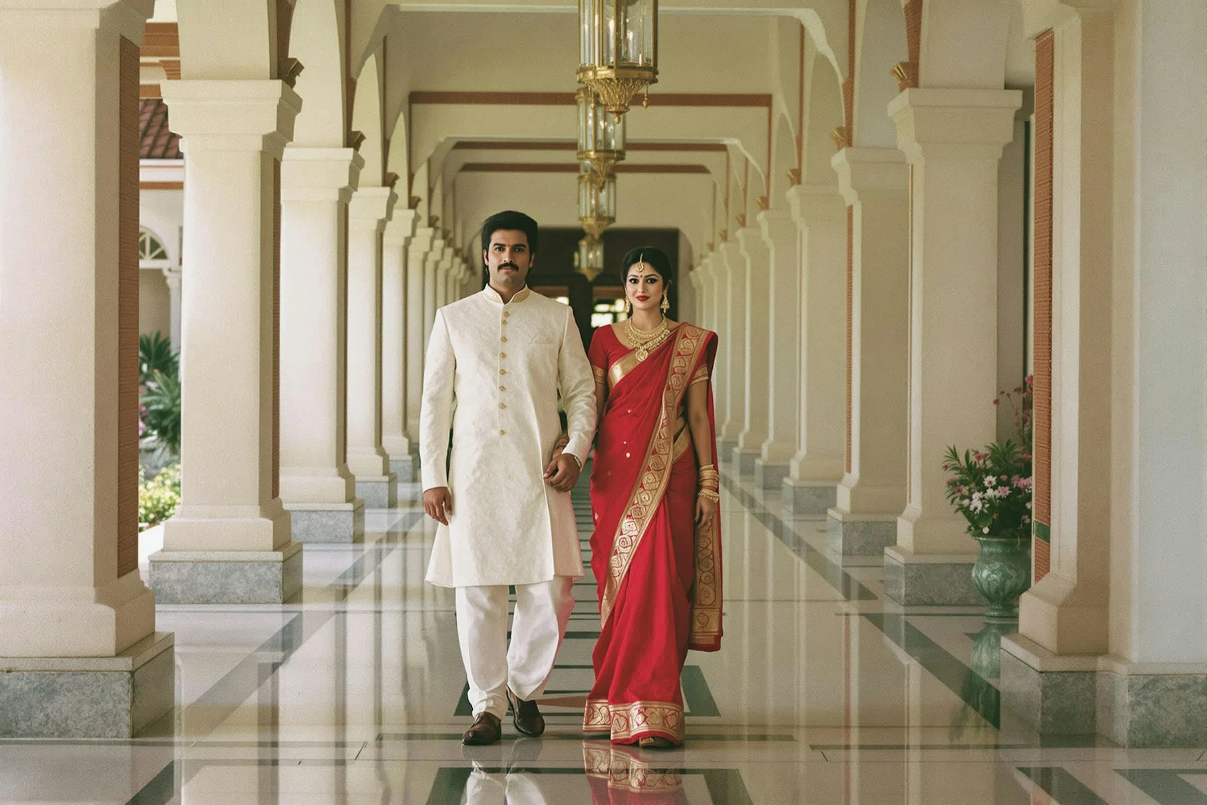 Indian North Indian couple walking down the hall
