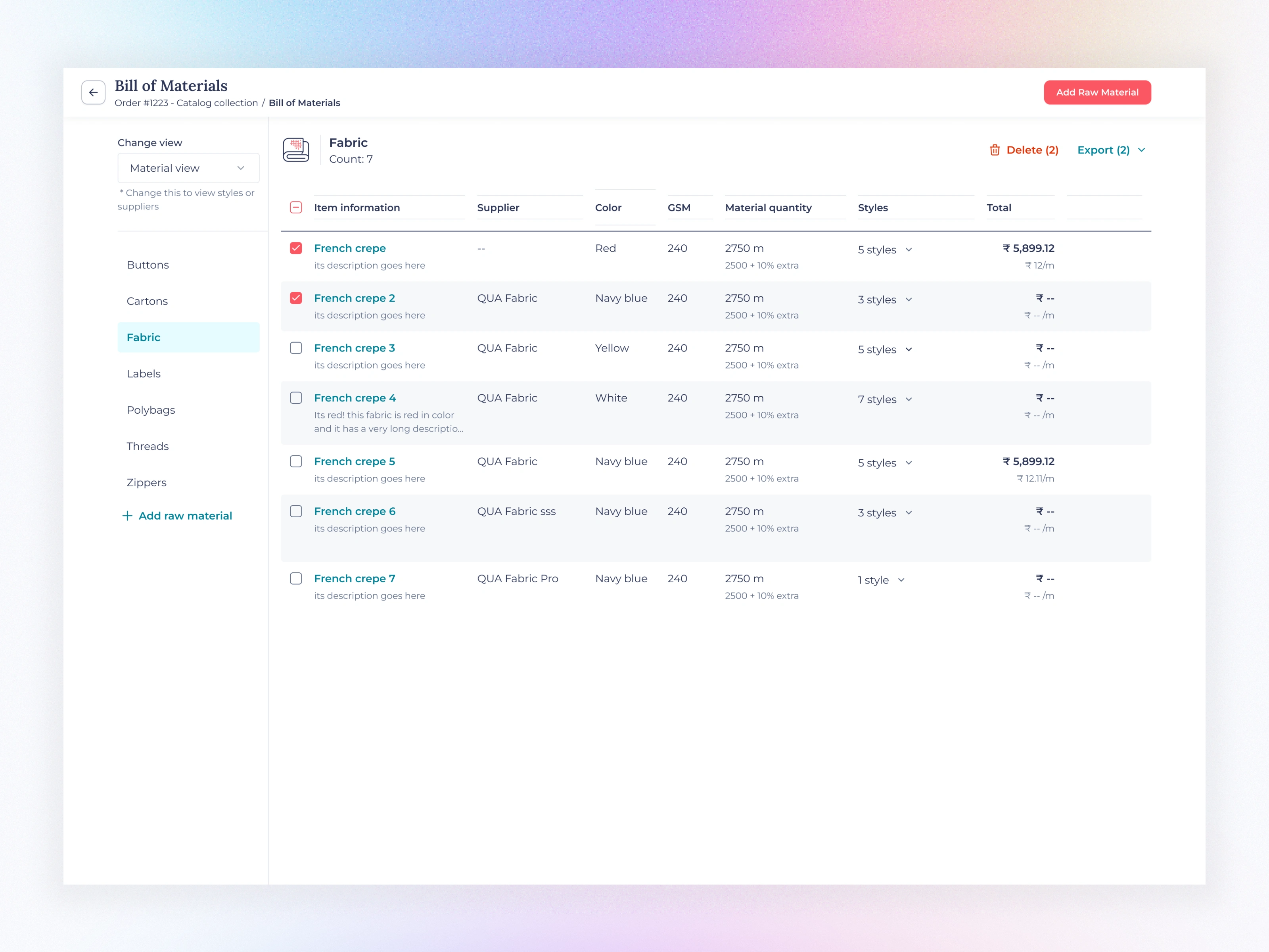  Material view Deleting [multiple rows] 01