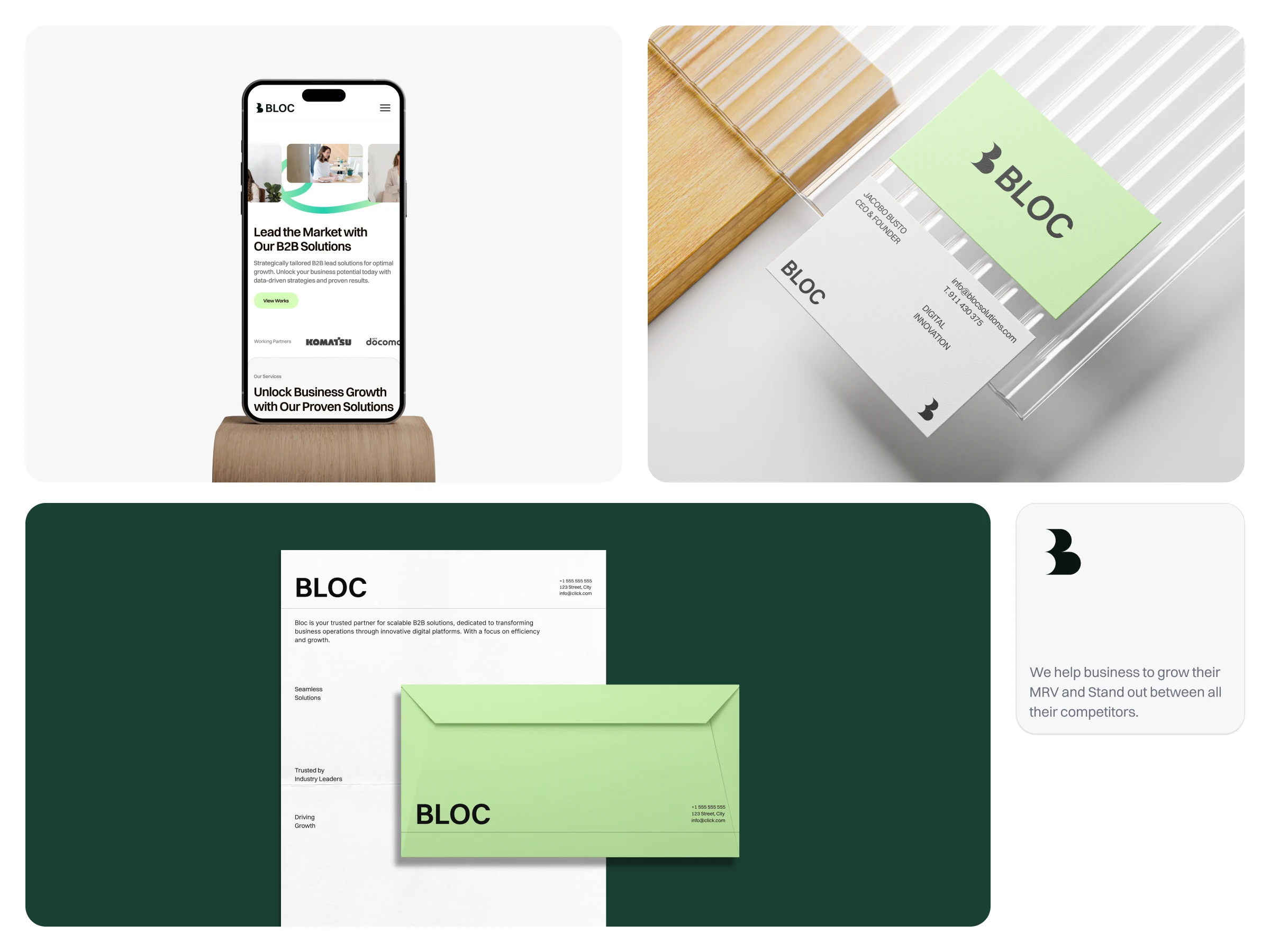 business card, letterhead, and multi-device mockup images for Bloc