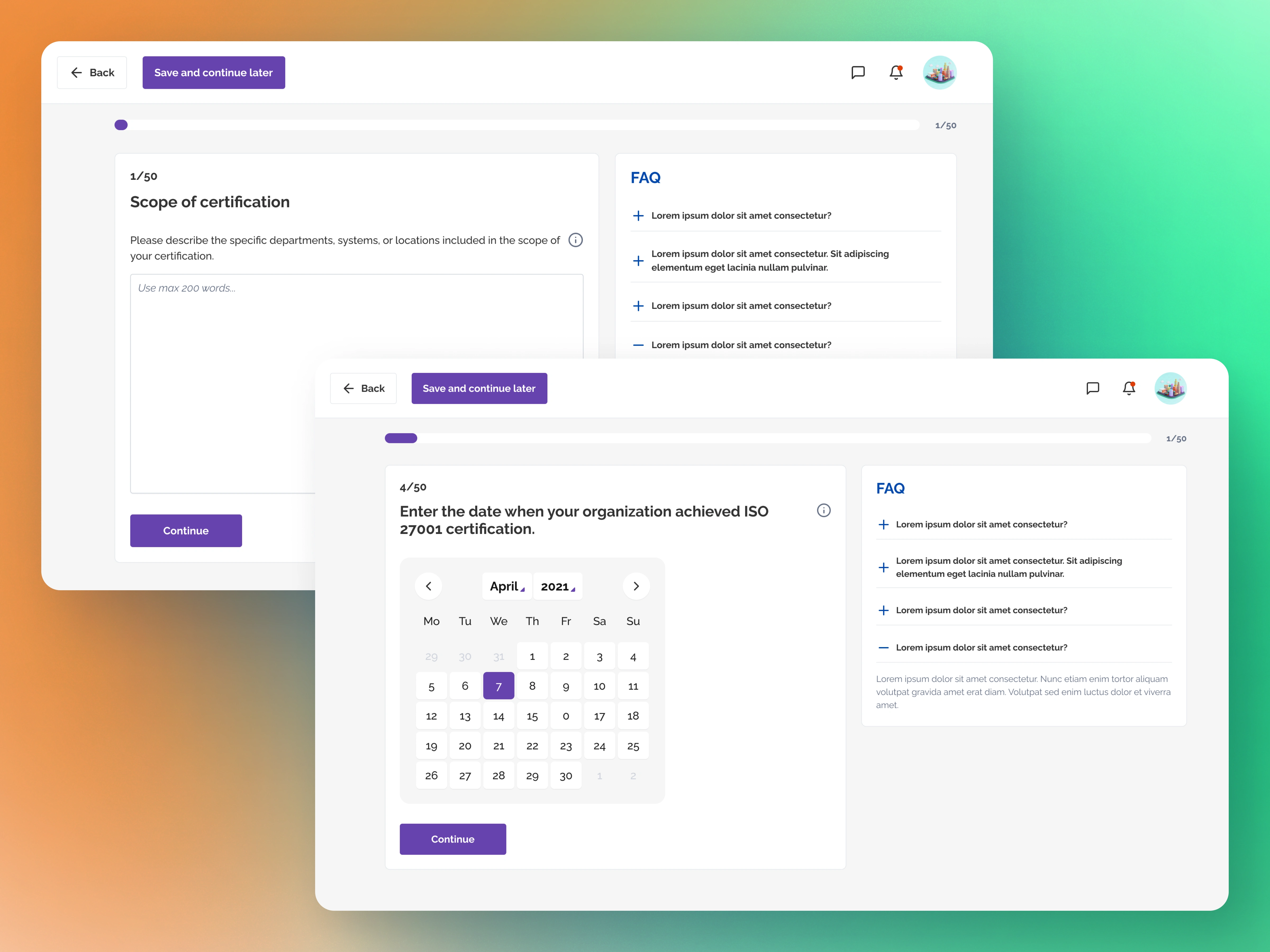 Designs of the 'Obtain certification' user flow