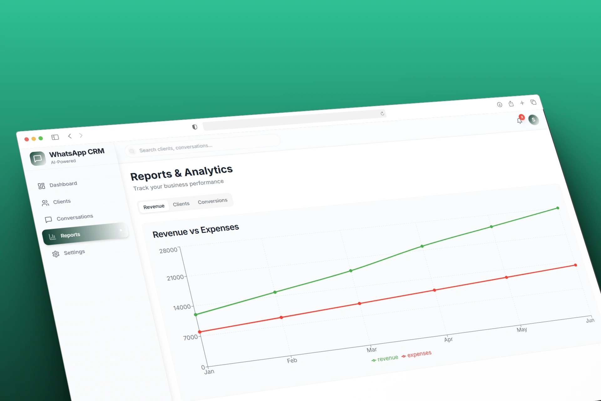 Analytics Dashboard - Interactive revenue vs expenses visualization with tabbed reports showing business performance trends and insights.