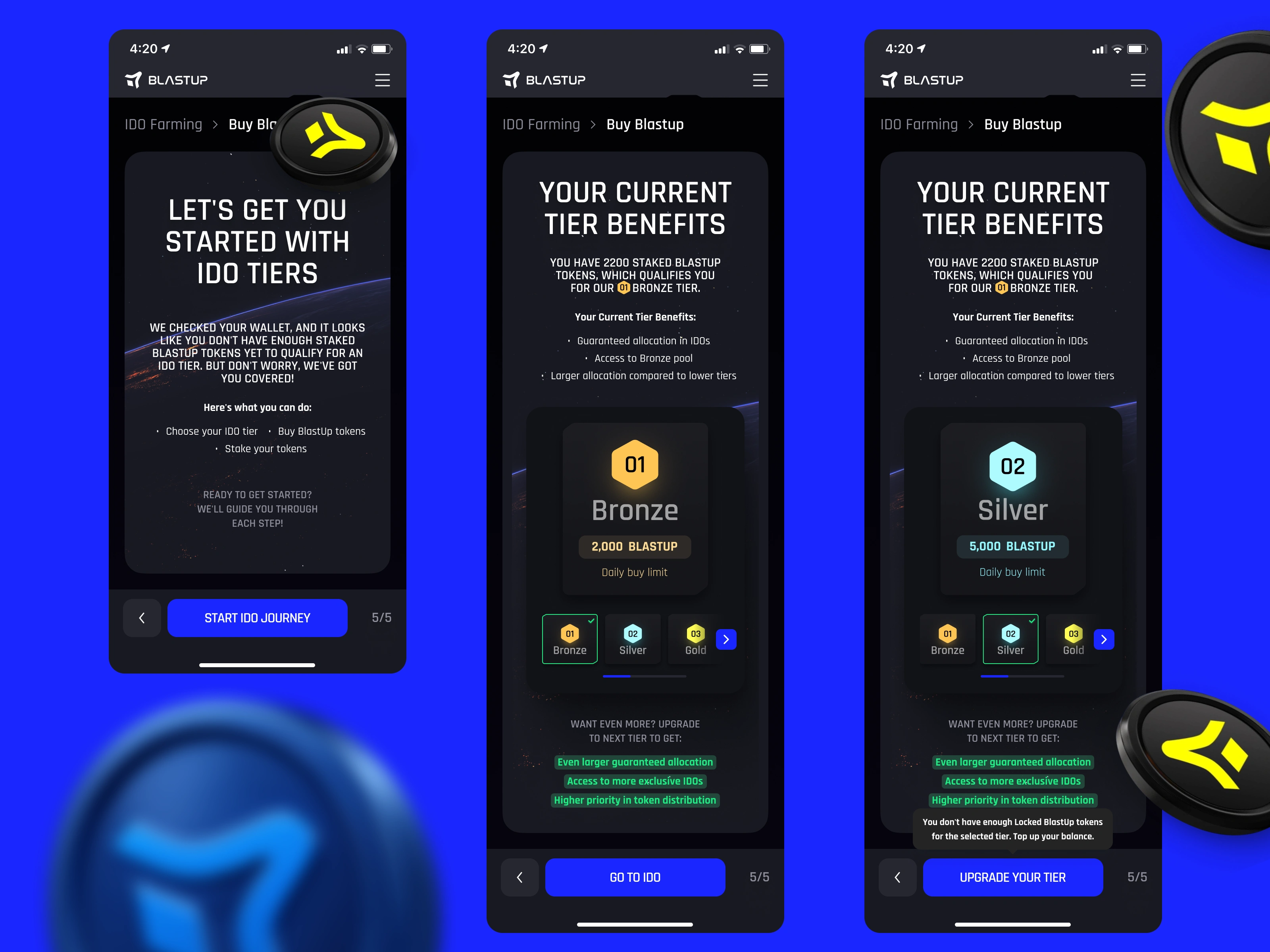 Mobile tier selection flow showing step-by-step IDO onboarding process from introduction screen through Bronze and Silver tier displays with clear token requirements, benefit listings, and navigation controls for BlastUP launchpad users.
