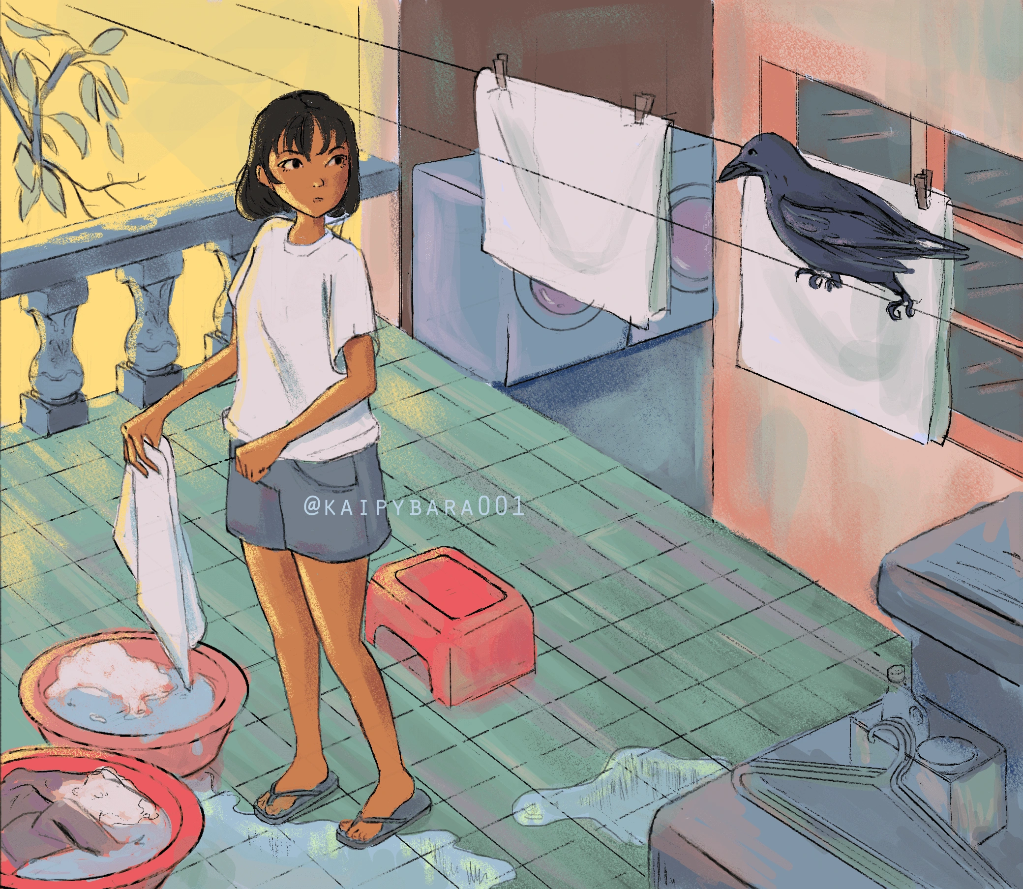 A girl notices a crow perched upon the clothesline.