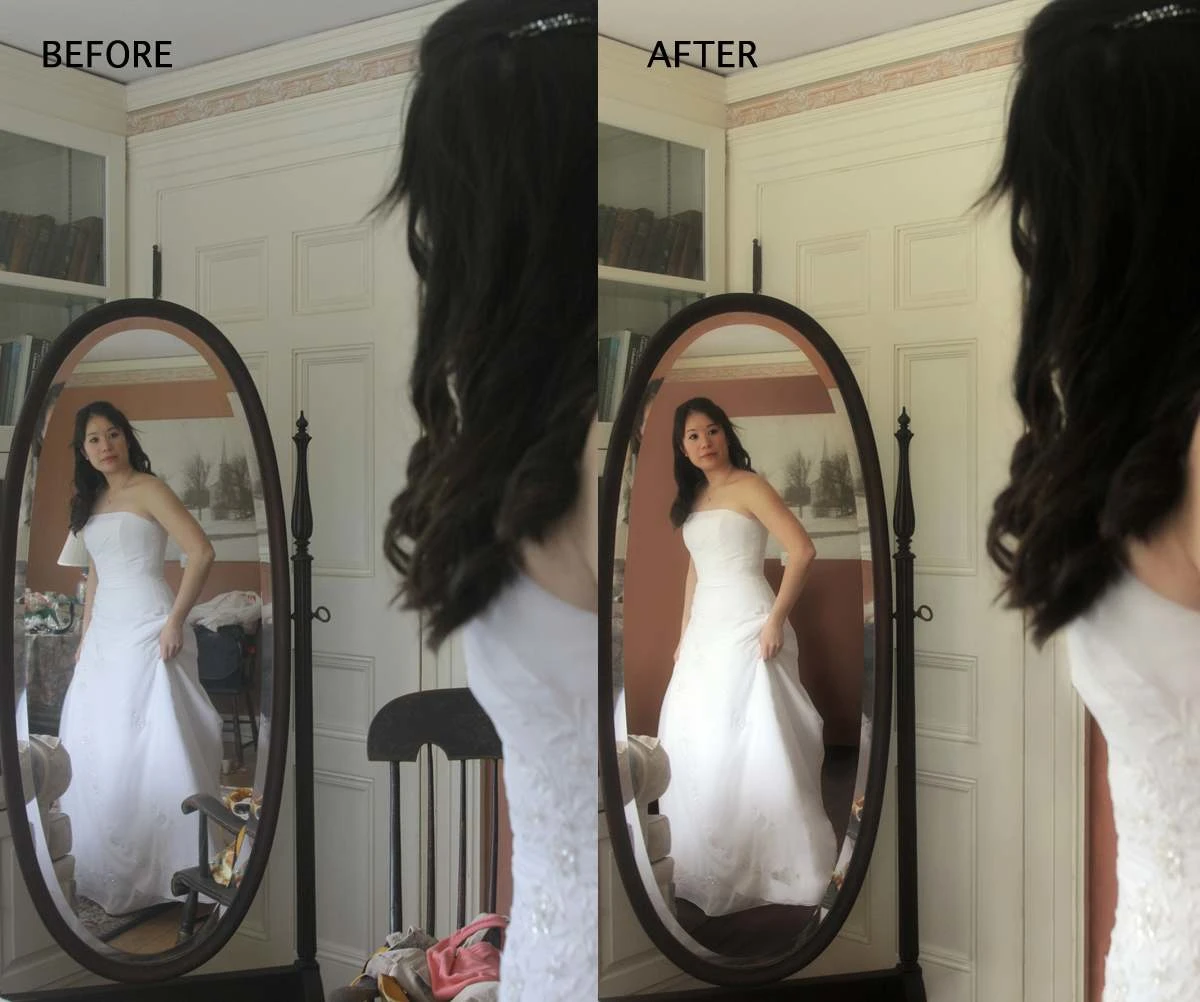 Bride requested that the color be adjusted and all of the distracting items in the mirror's reflection be removed.