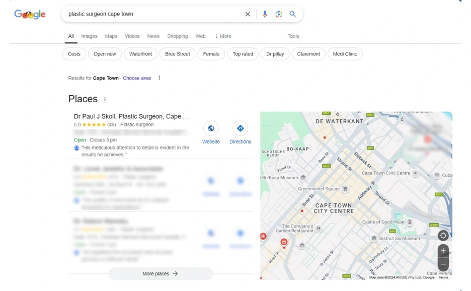 1st position in the local pack (map pack) for the most sought-after keyword, "plastic surgeon Cape Town."
