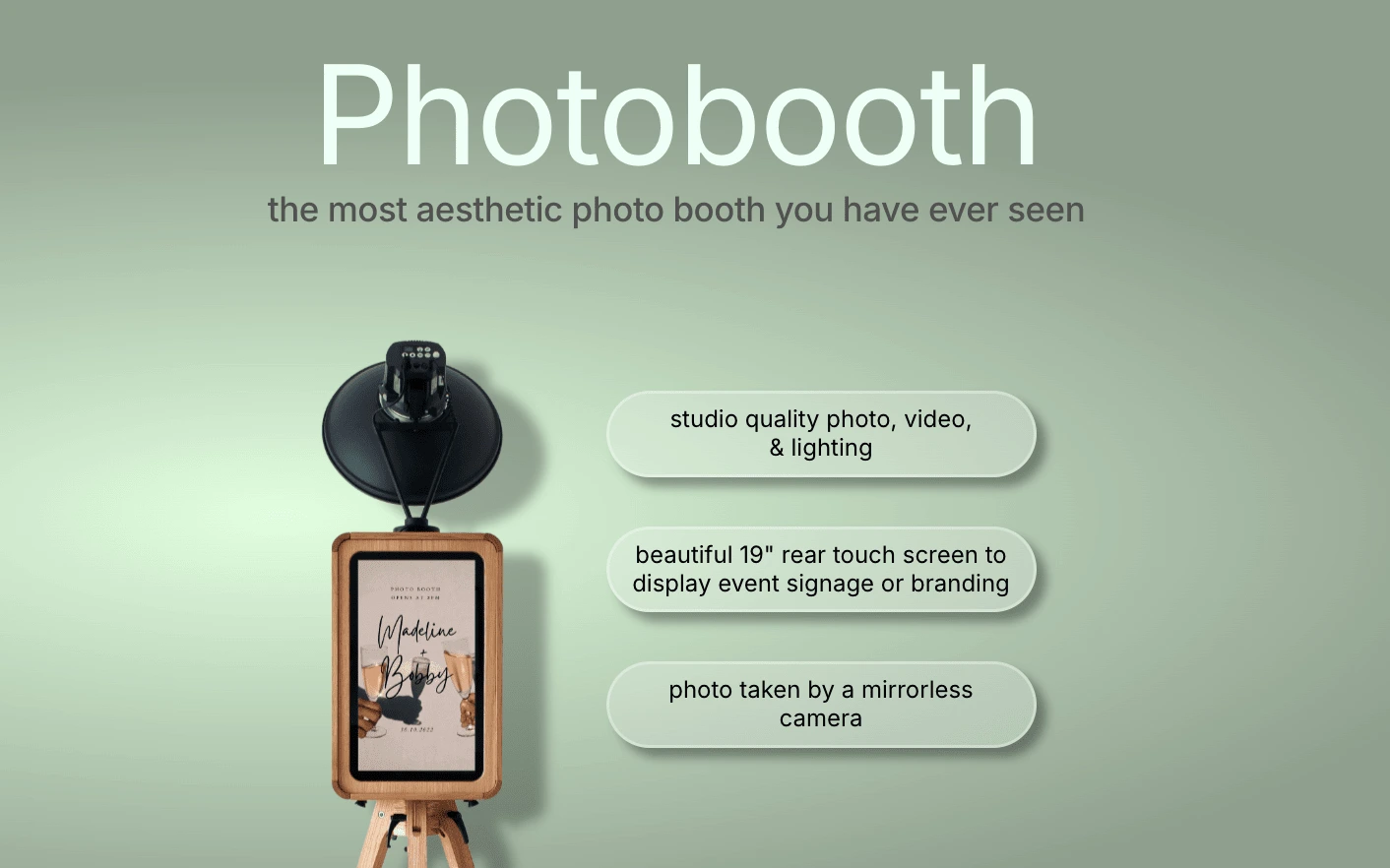 A simple section with the main selling points of the photo booth and a picture of the photo booth with a animation where the shadow follows the cursor in the section. 