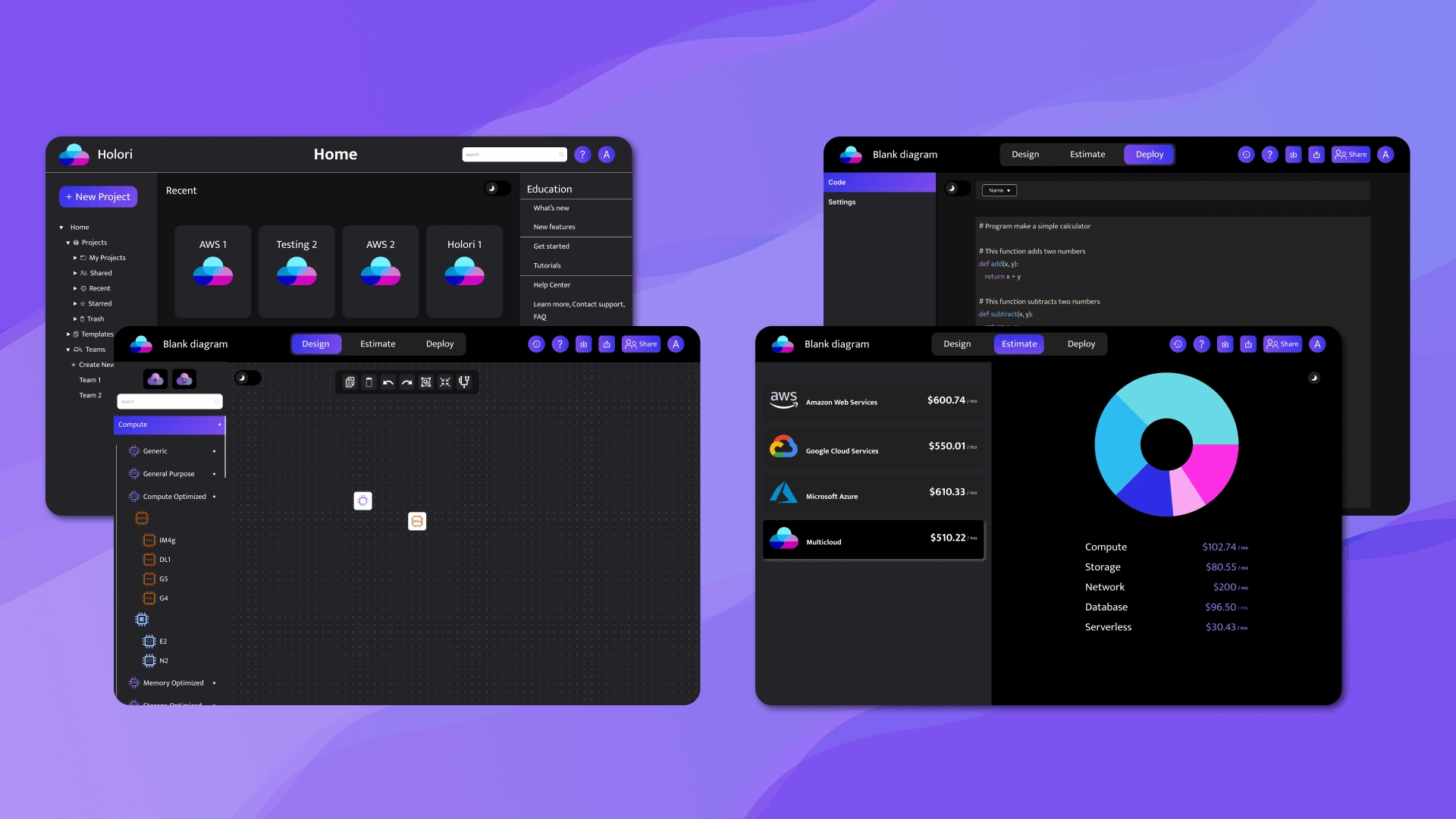 Holori Cloud Management & Diagraming tool. Dark theme.
