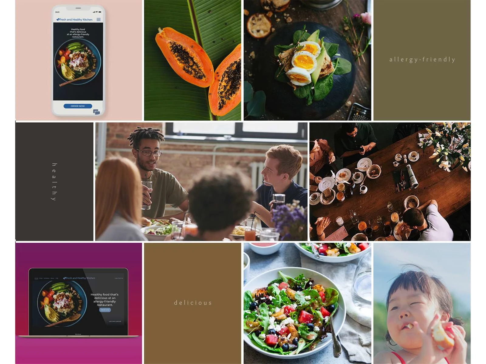 The mood board communicates the style, voice, direction, and language for this allergy-friendly restaurant and the online experience.
