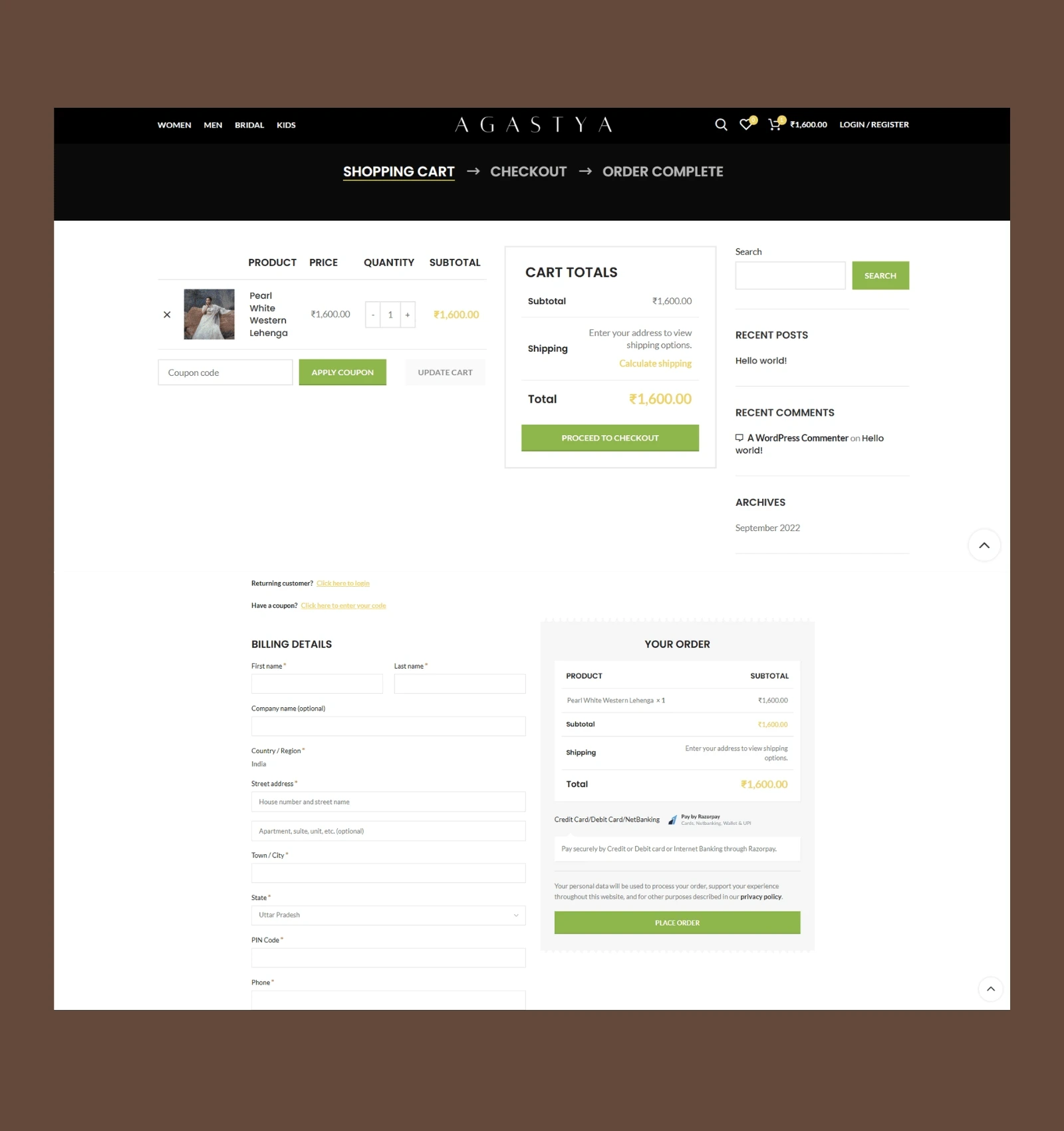 The checkout and payment process is fully integrated with WordPress and optimized for both desktop and mobile. I set up multiple payment gateways for flexibility, including Razorpay, credit/debit cards, and UPI. The checkout experience is secure, streamlined, and designed for minimal friction, helping reduce cart abandonment.