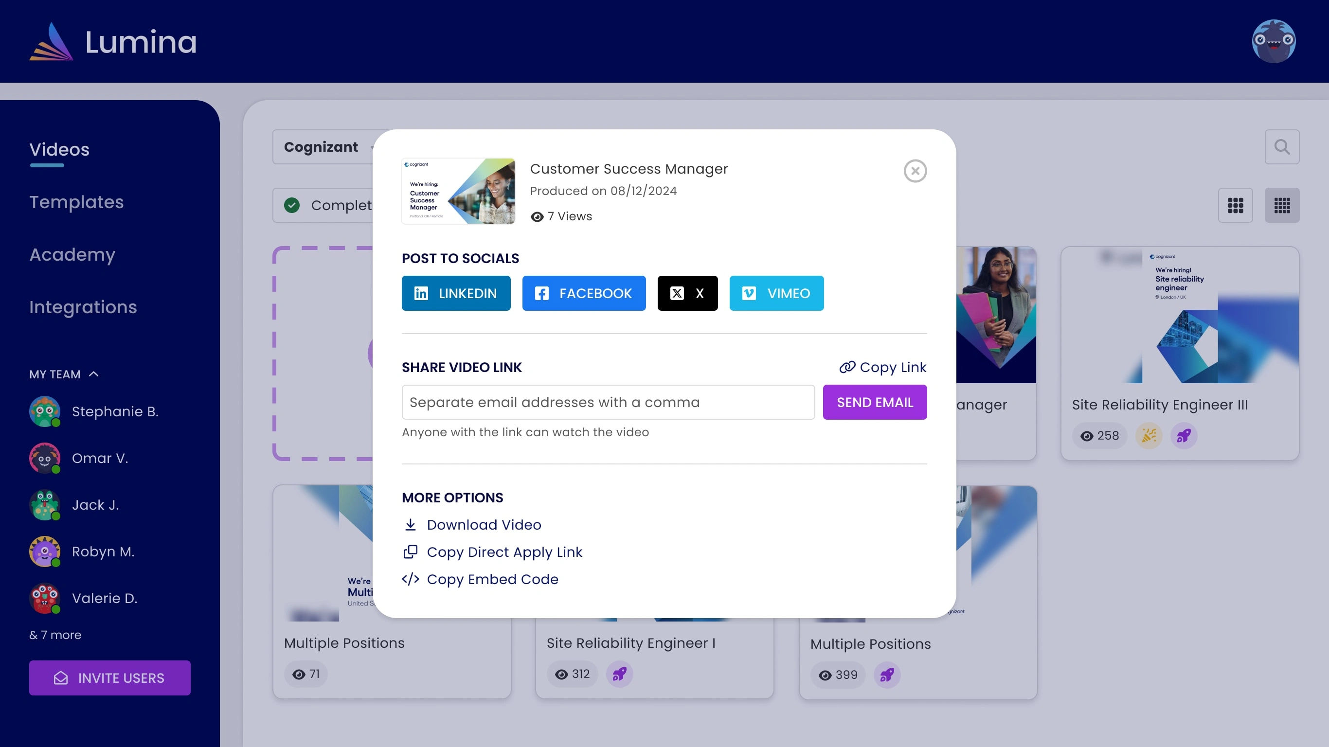 From their dashboard, customers have extensive options for sharing completed videos via social media, email, and more. 