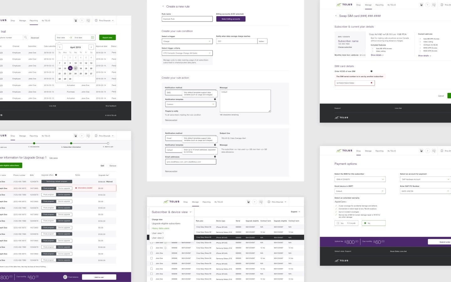 In the design stage, data density was increased by creating a forked version of the TELUS Design system to retain the signature look and feel while streamlining the bulk actions and reporting this tool was used for.