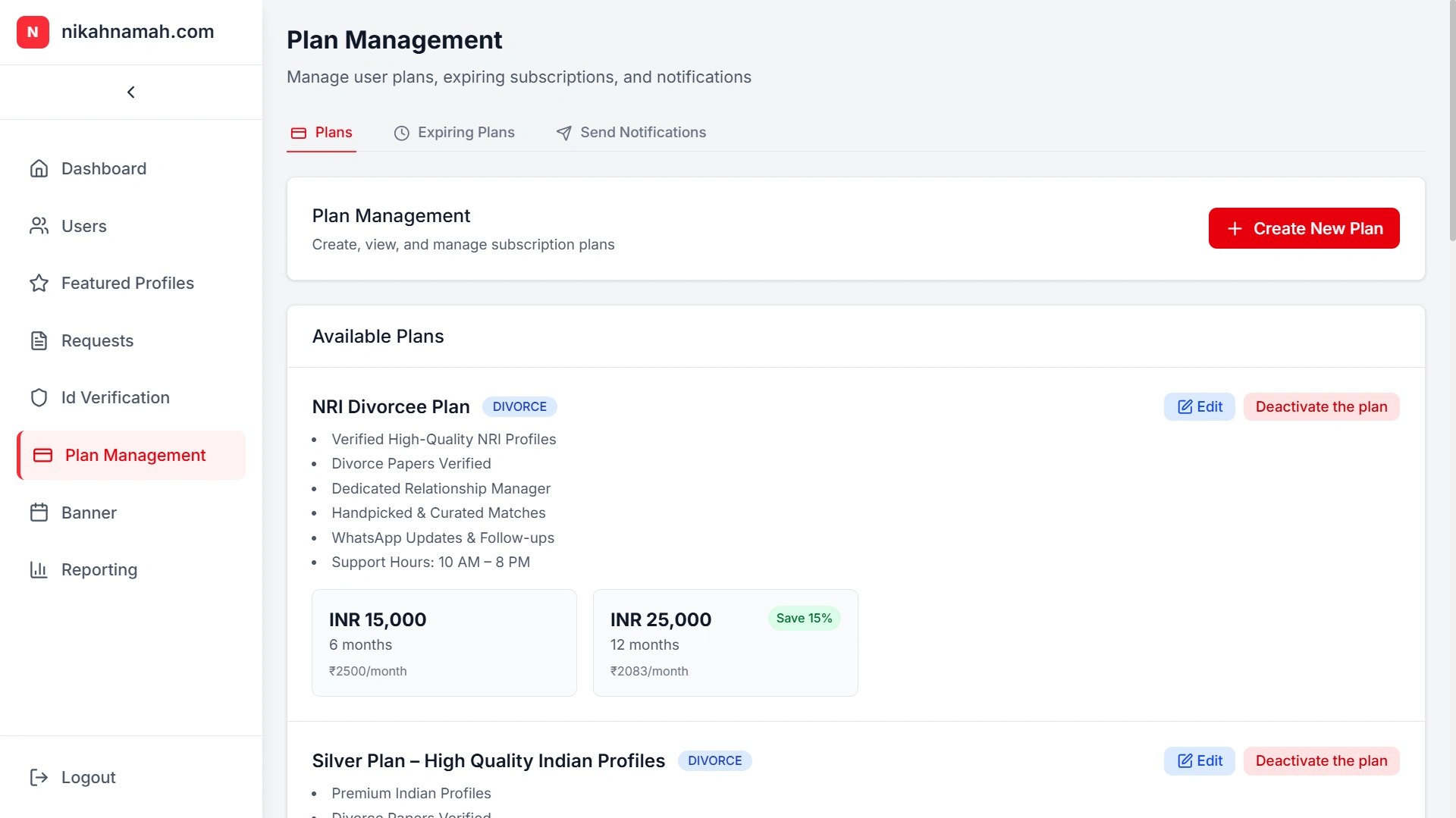 Plan management: “Create and edit subscription plans with detailed features, pricing options and discounts, helping tailor matchmaking services to different user groups.”