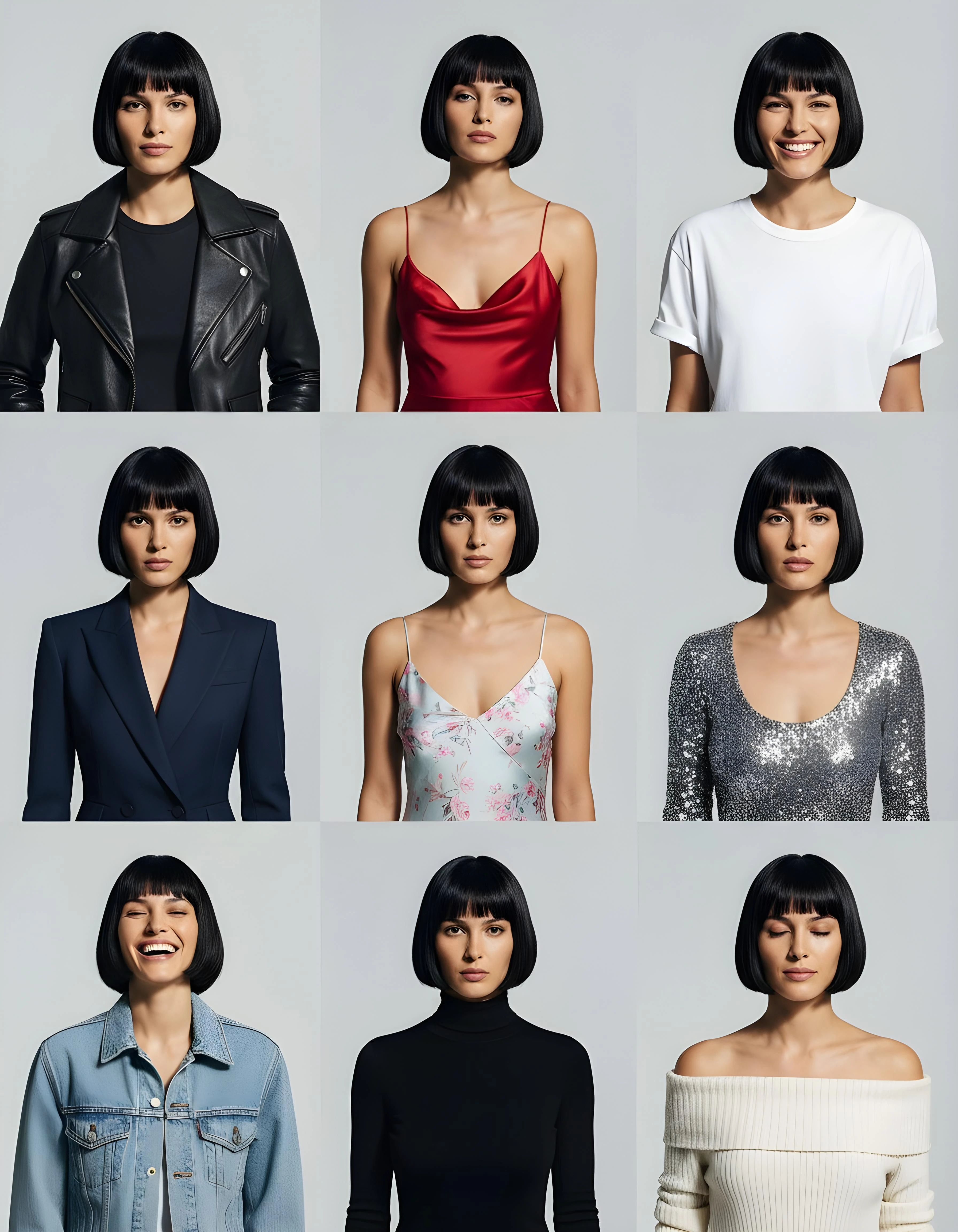 3X3 grid of a white model with different expressions wearing different dresses and having short hair