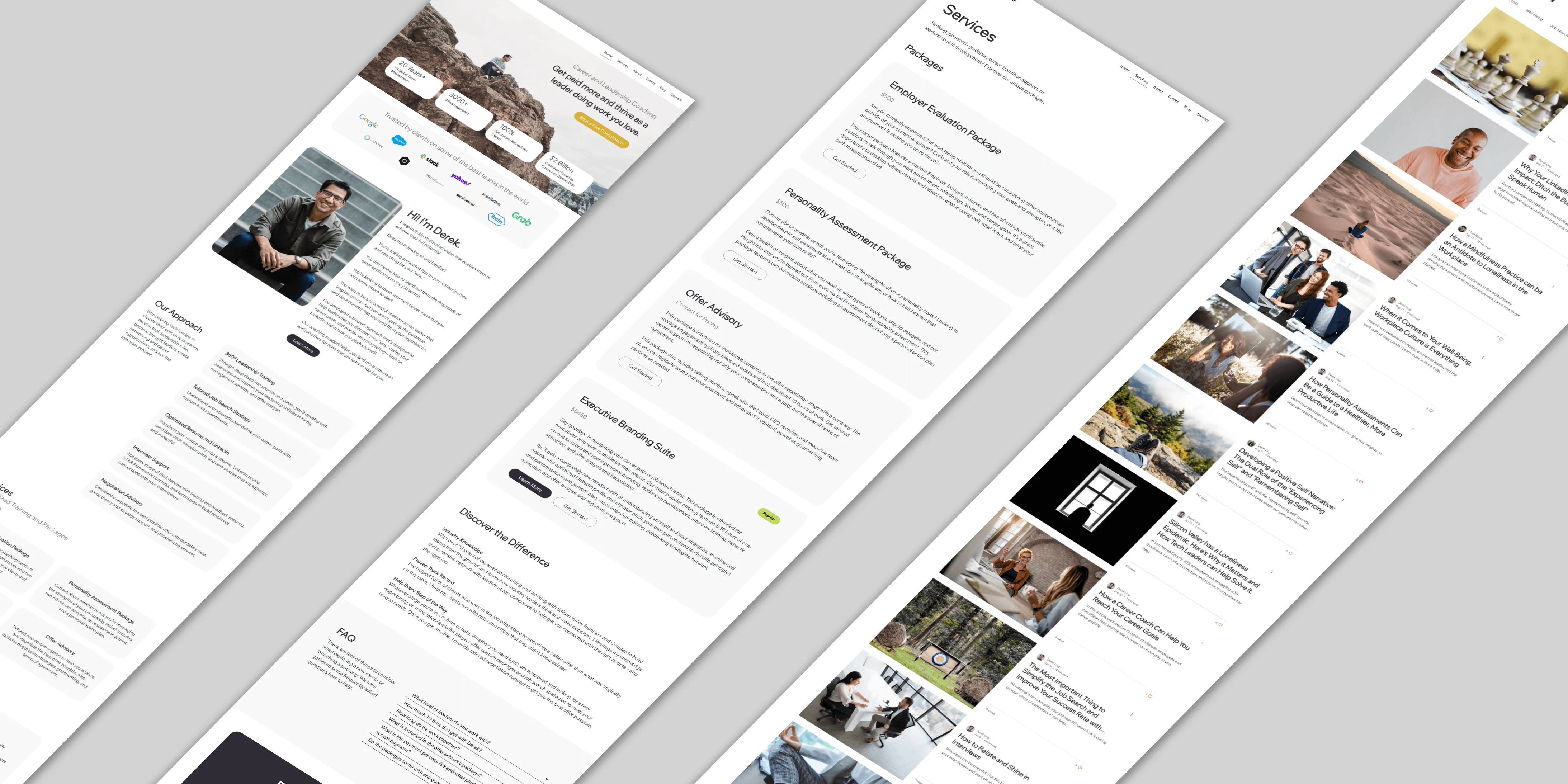 The user's  journey is placed at the forefront of the new website allowing the user to easily view all services offered, navigate the site properly, and offer Derek a proper home for his business. 