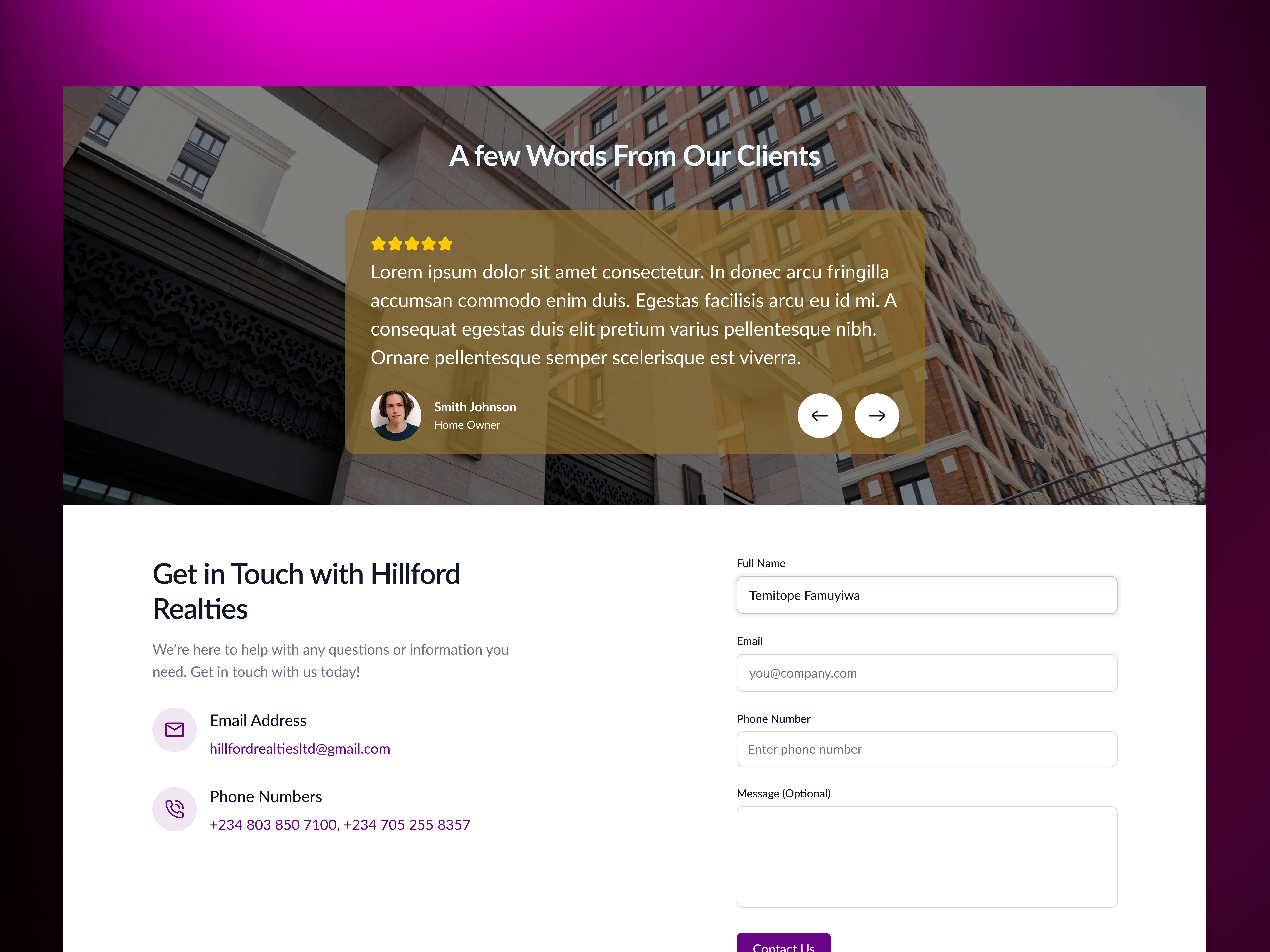 Testimonials section