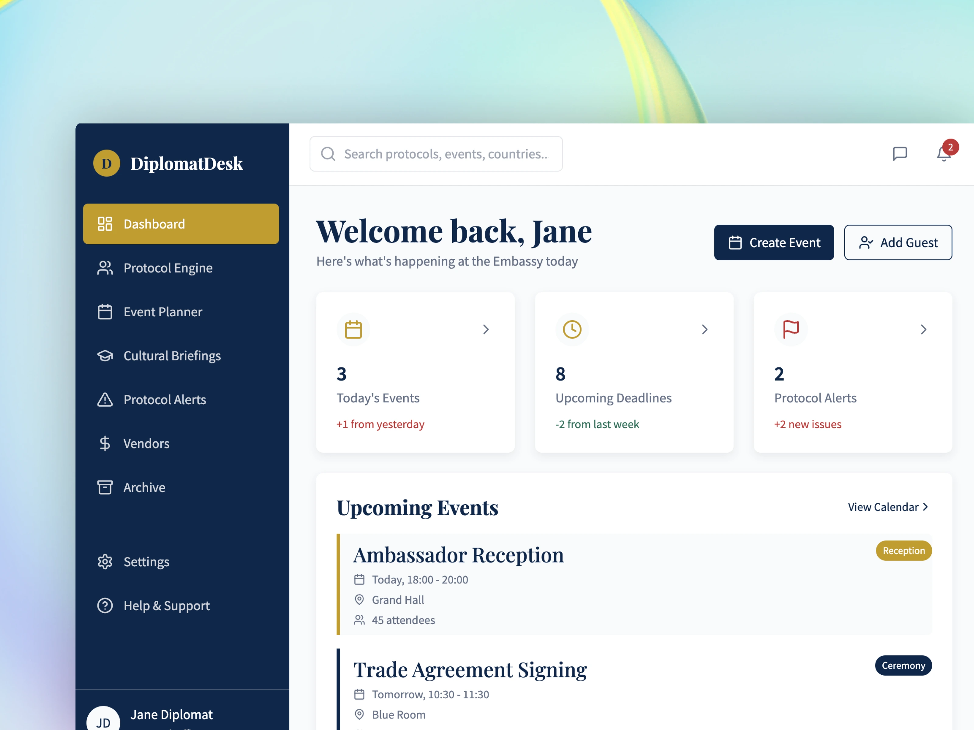 DiplomatDesk dashboard