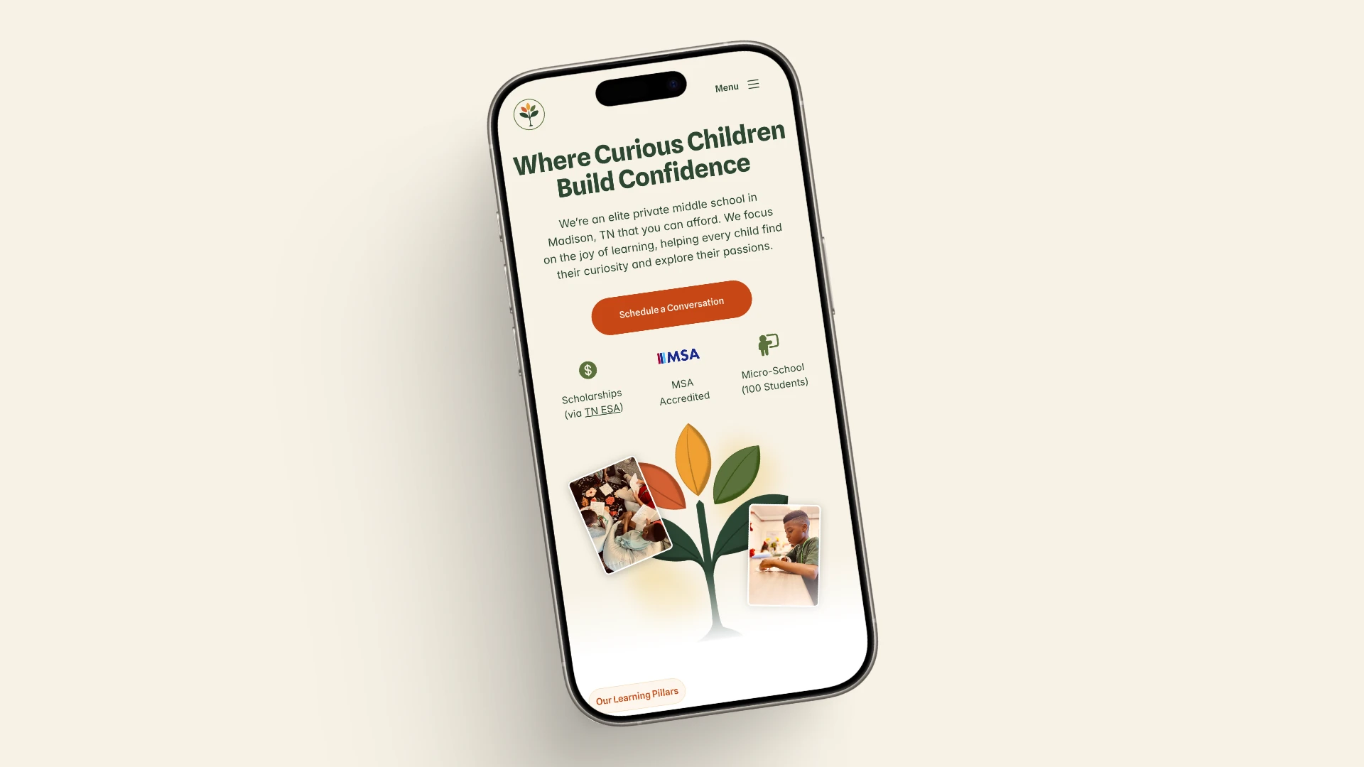 Mobile phone responsive Framer design for Flourish Schools
