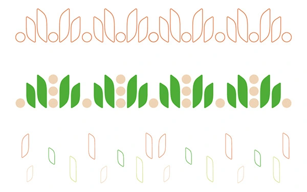 Visual patterns created inspired by soy fields, grains and leaves.