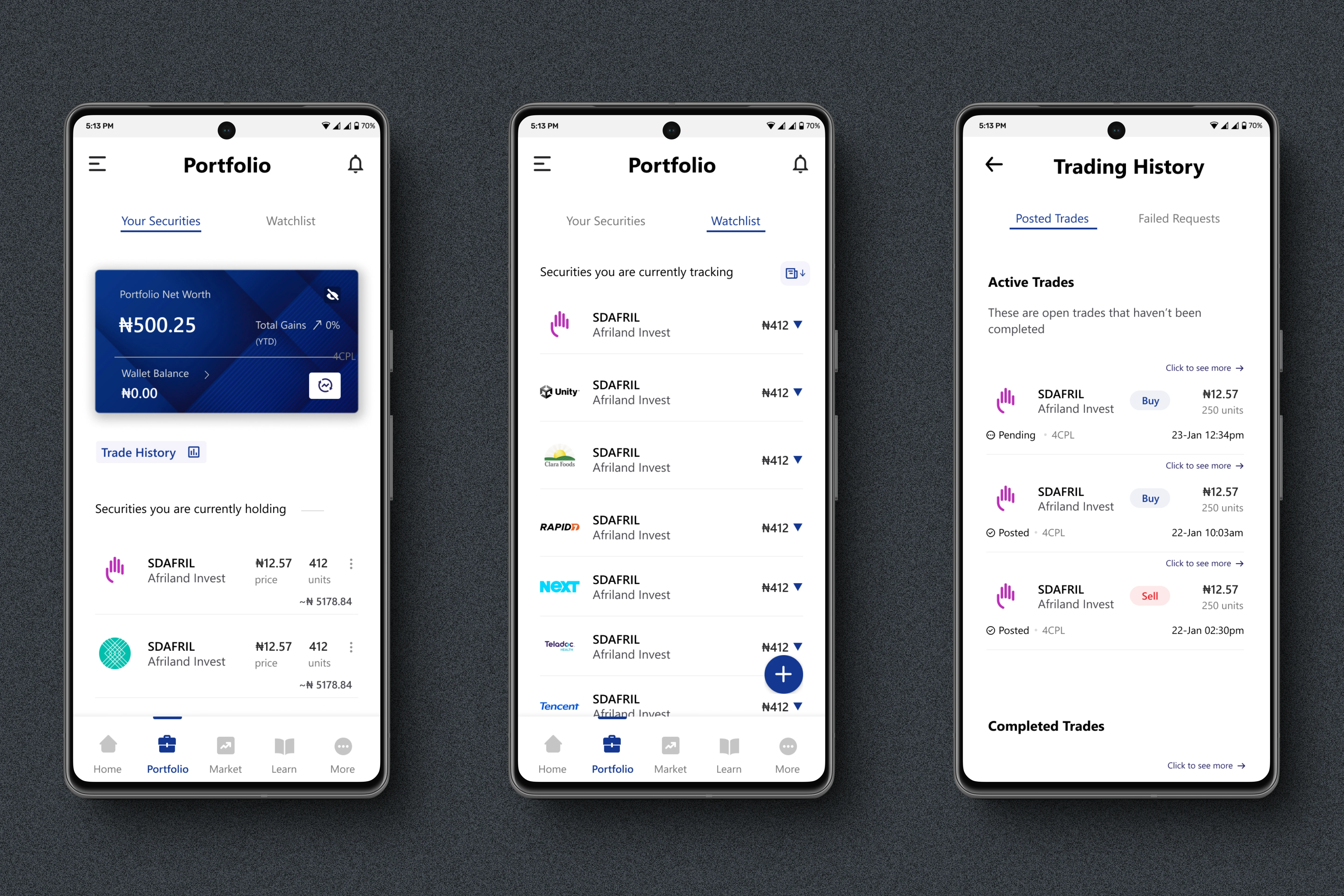 Portfolio & Trade history pages