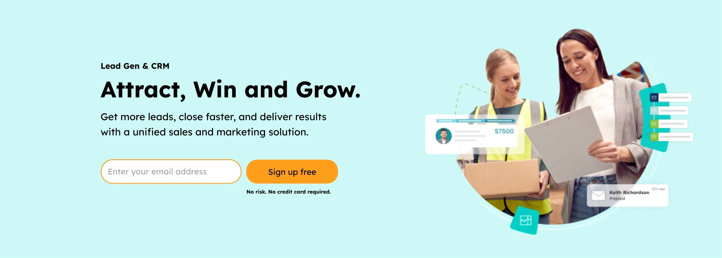 Hero section with graphic highlighting lead gen features.