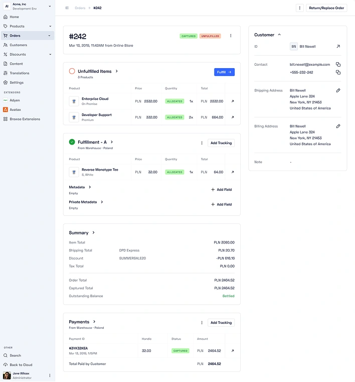 Orders are created through a wizard-style flow, while ongoing management takes place in a dedicated view