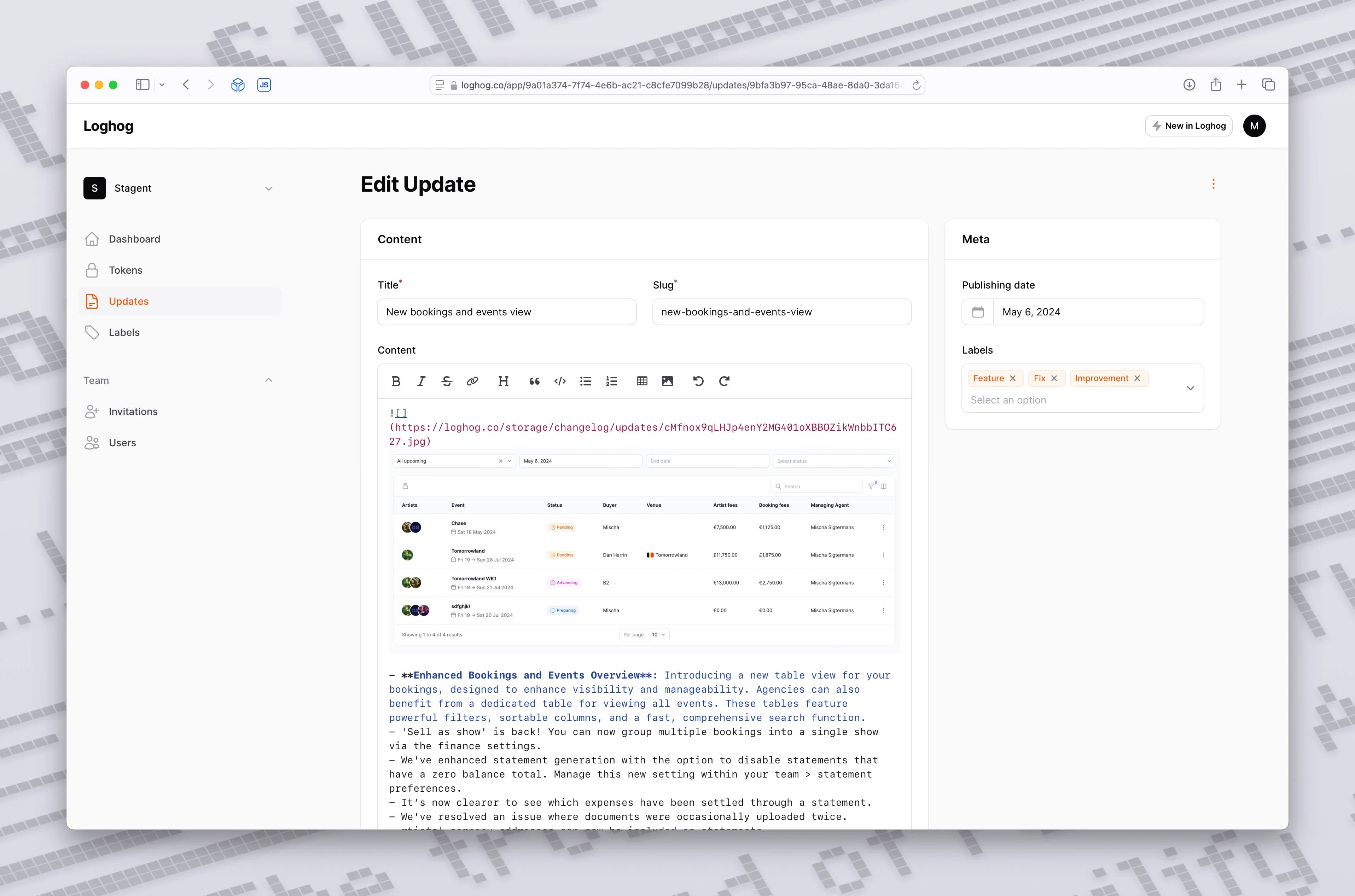 Loghog's update editor