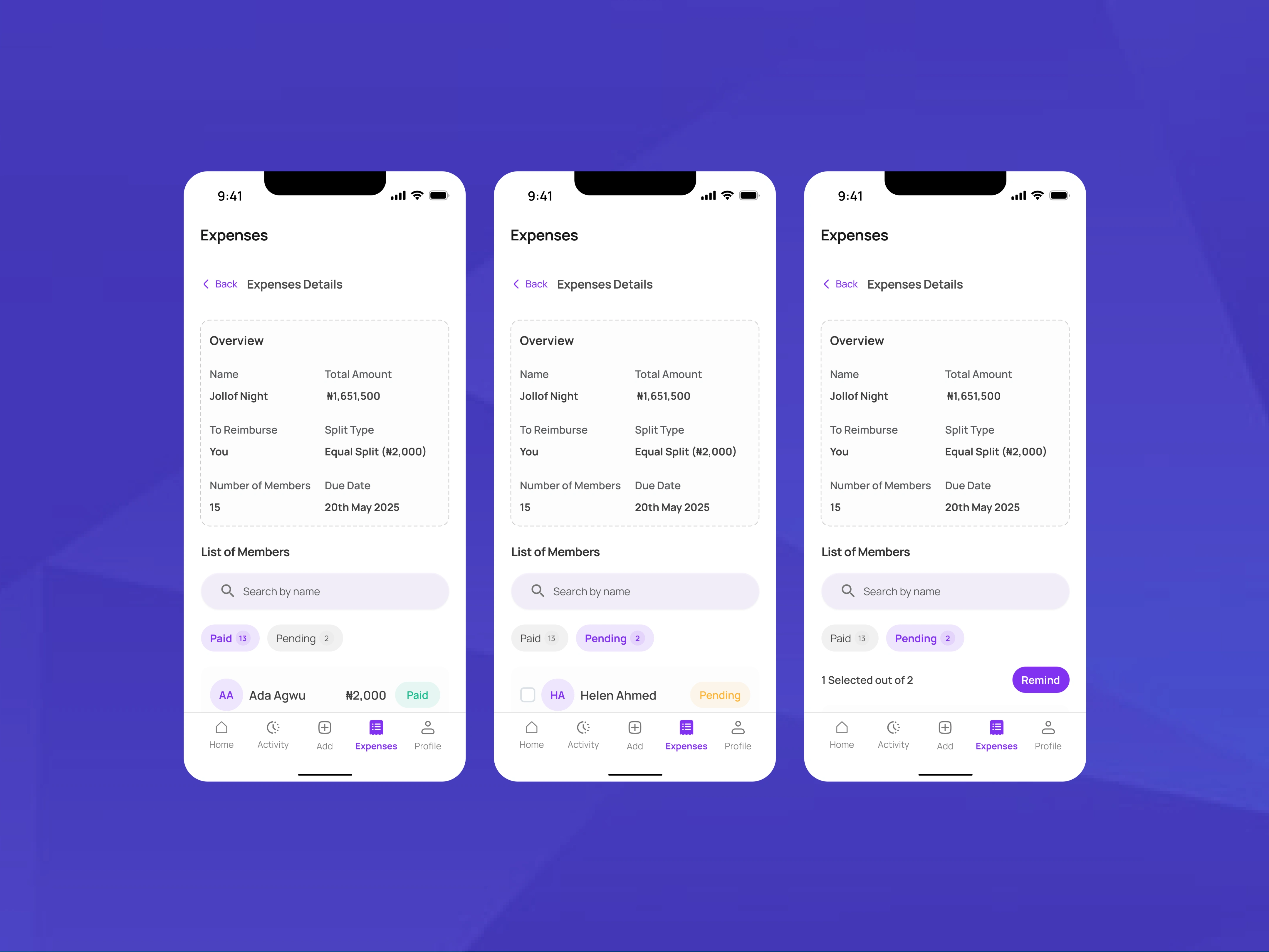 Paid expenses & pending expenses screen.