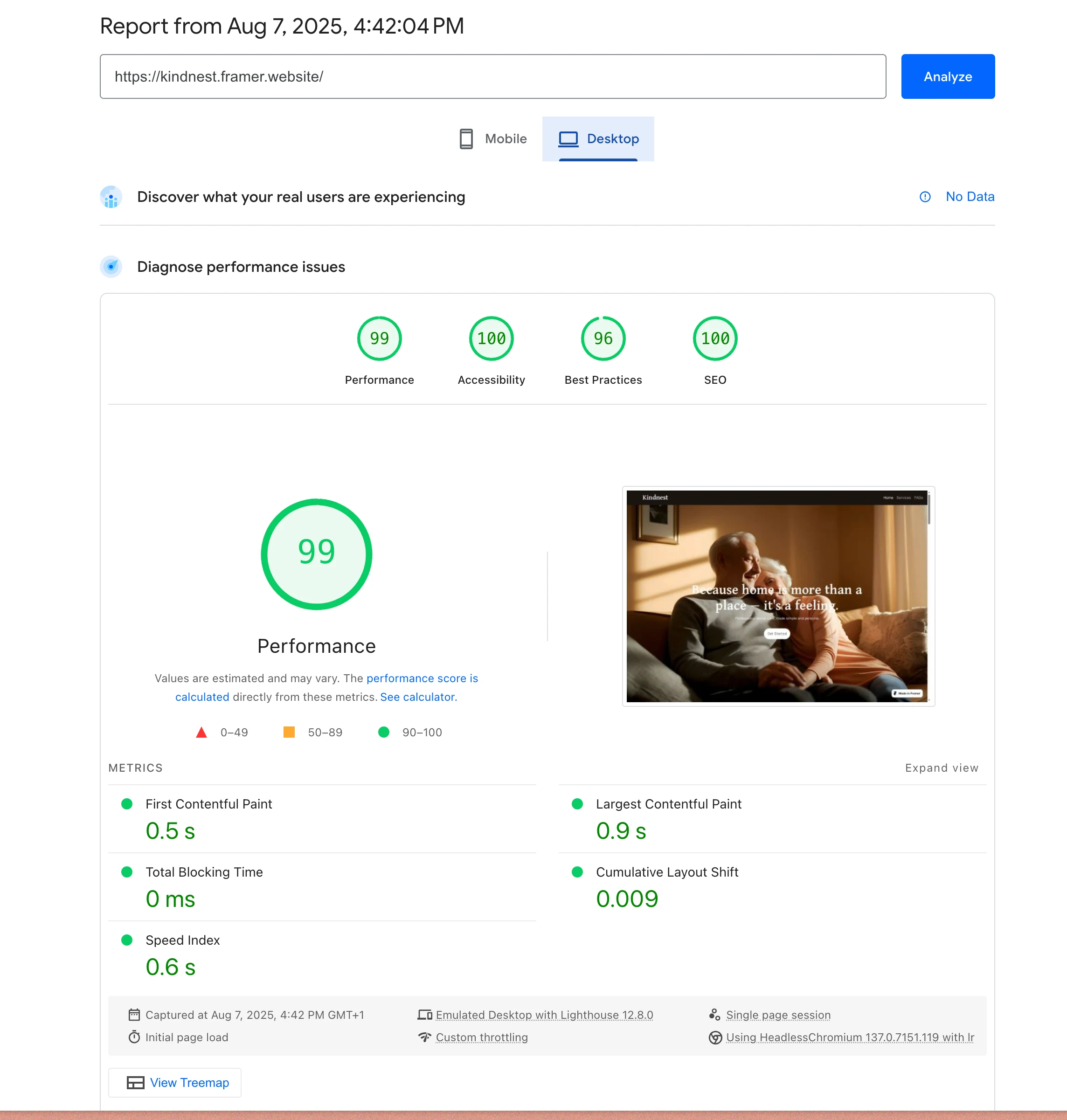 Pagespeed analyses and performance Desktop