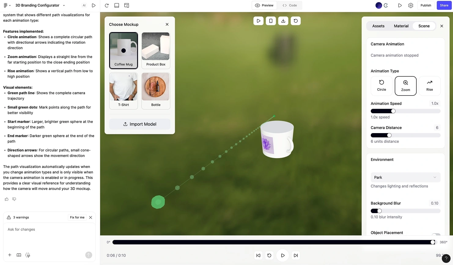Animation path marked with green dots