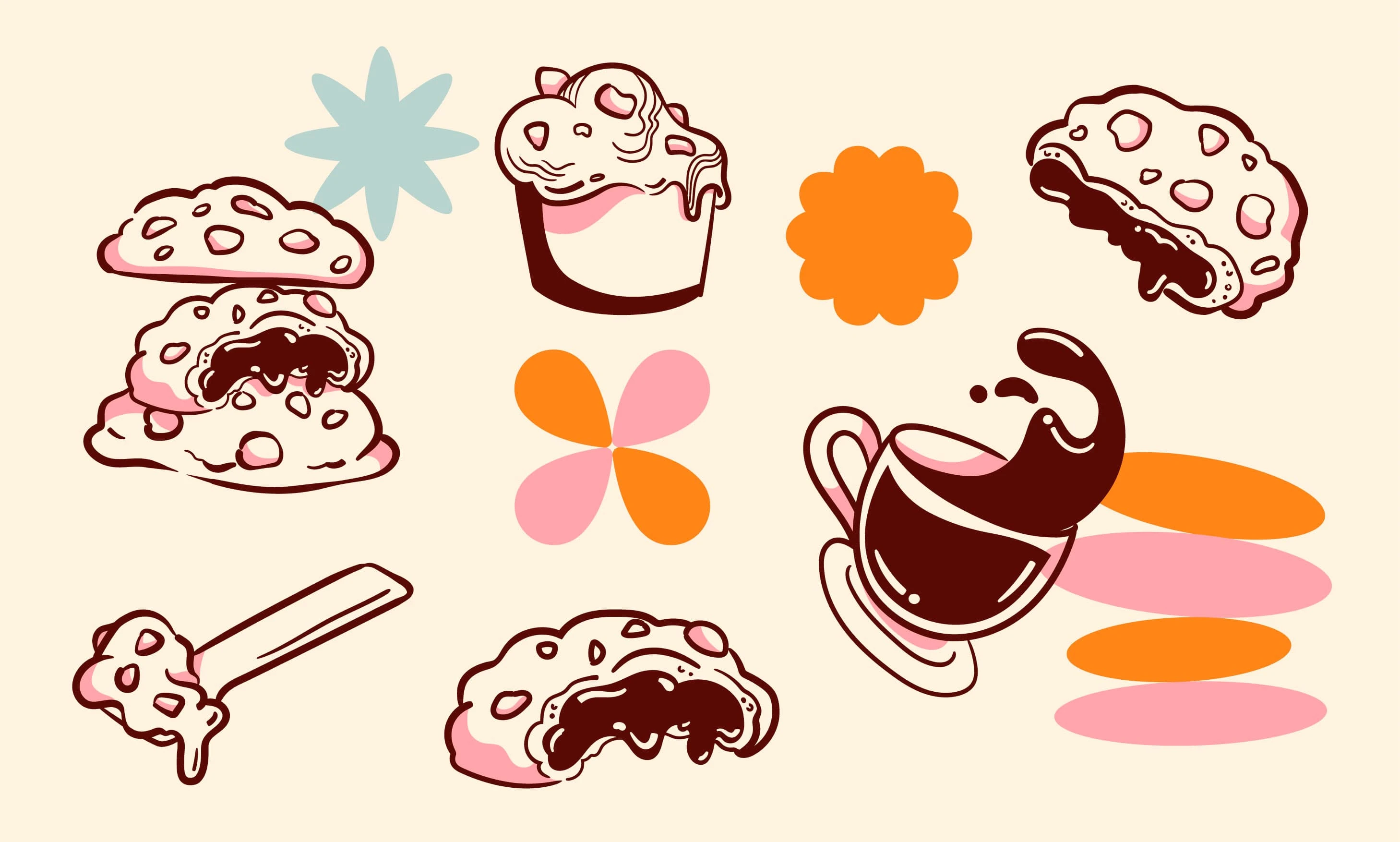 The ​​artisanal value of the products are very important for the client, so the illustrations for the brand were centered around the products - cookies, coffee and gelato. 