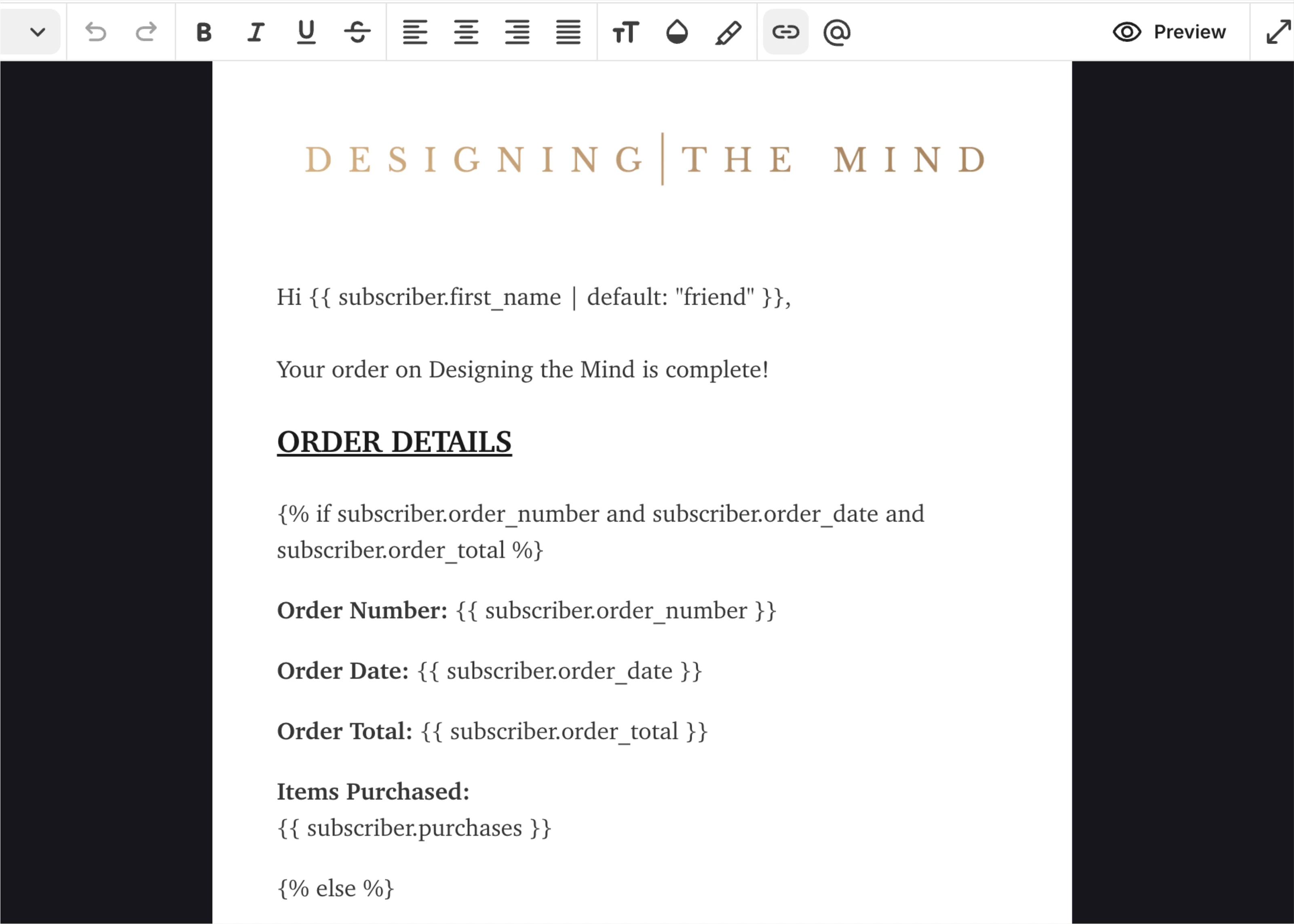 Example of Custom Coded Order Email sent to Customers After Making a Purchase