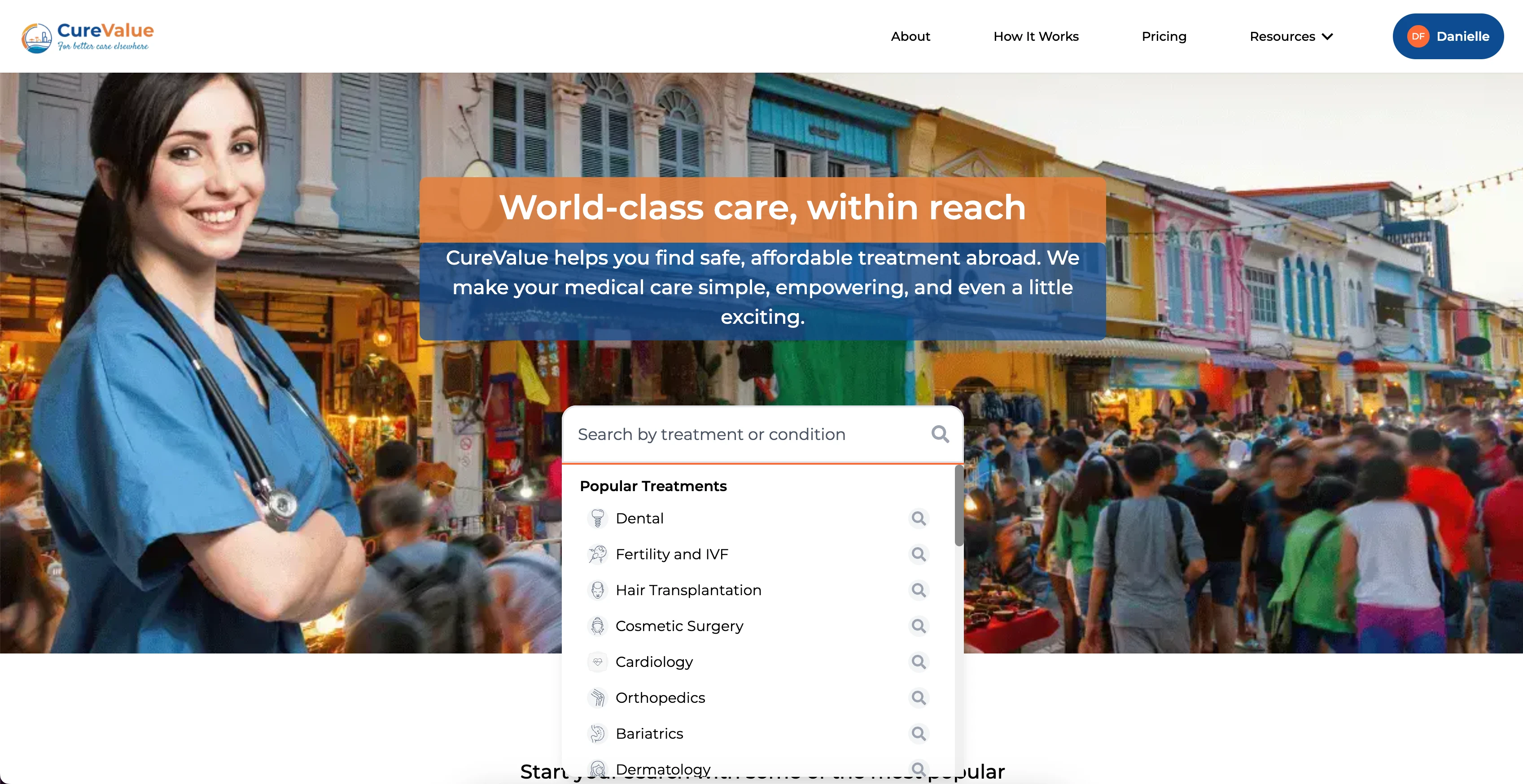 AFTER: Streamlined site navigation focused on driving users to learn information about CureValue that guides them towards signing up, a more centrally-located search with a clear function, and positive, solution-oriented copy.