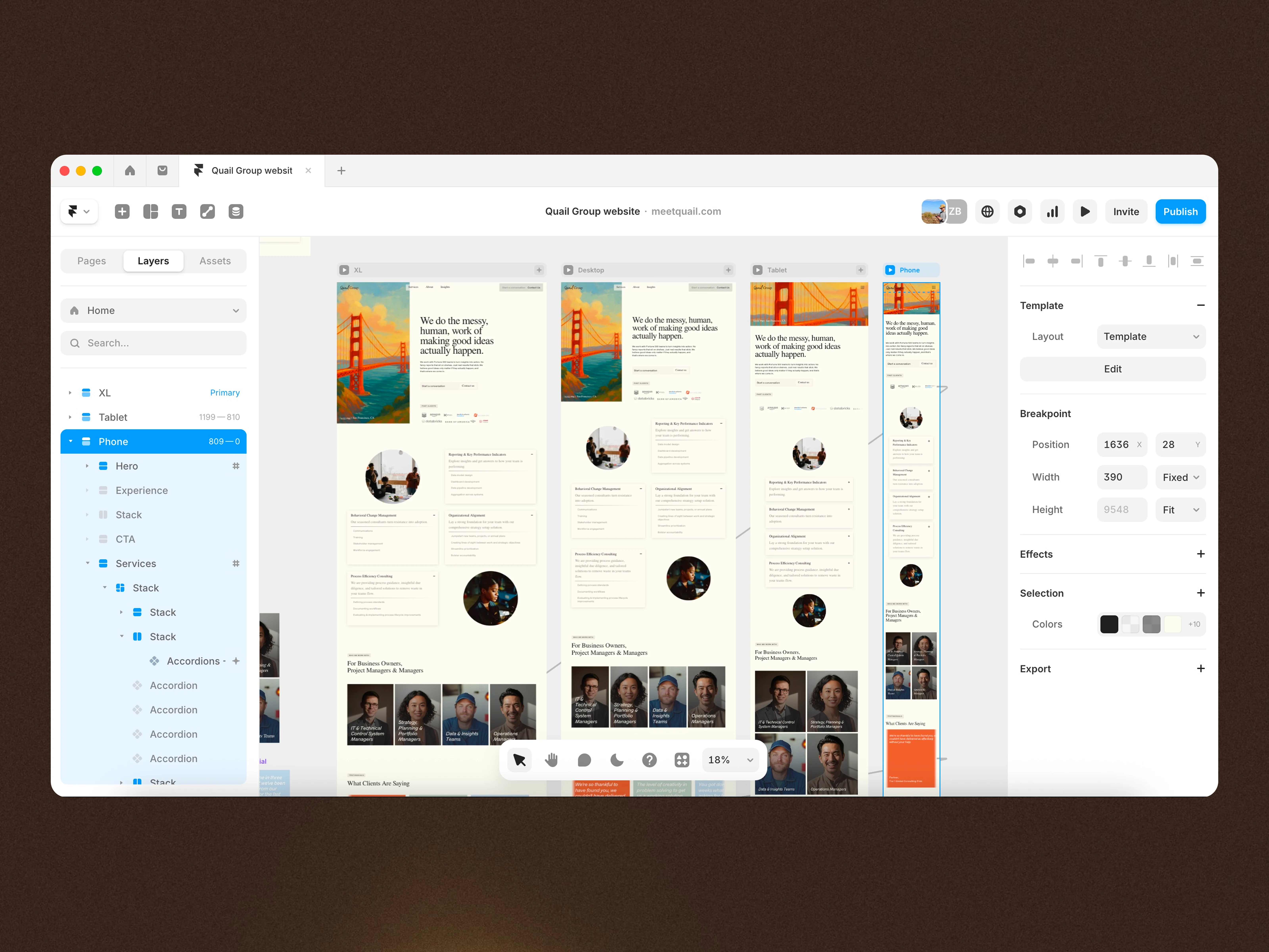 Overview of Quail Group's responsive design, from massive desktop monitors to phones