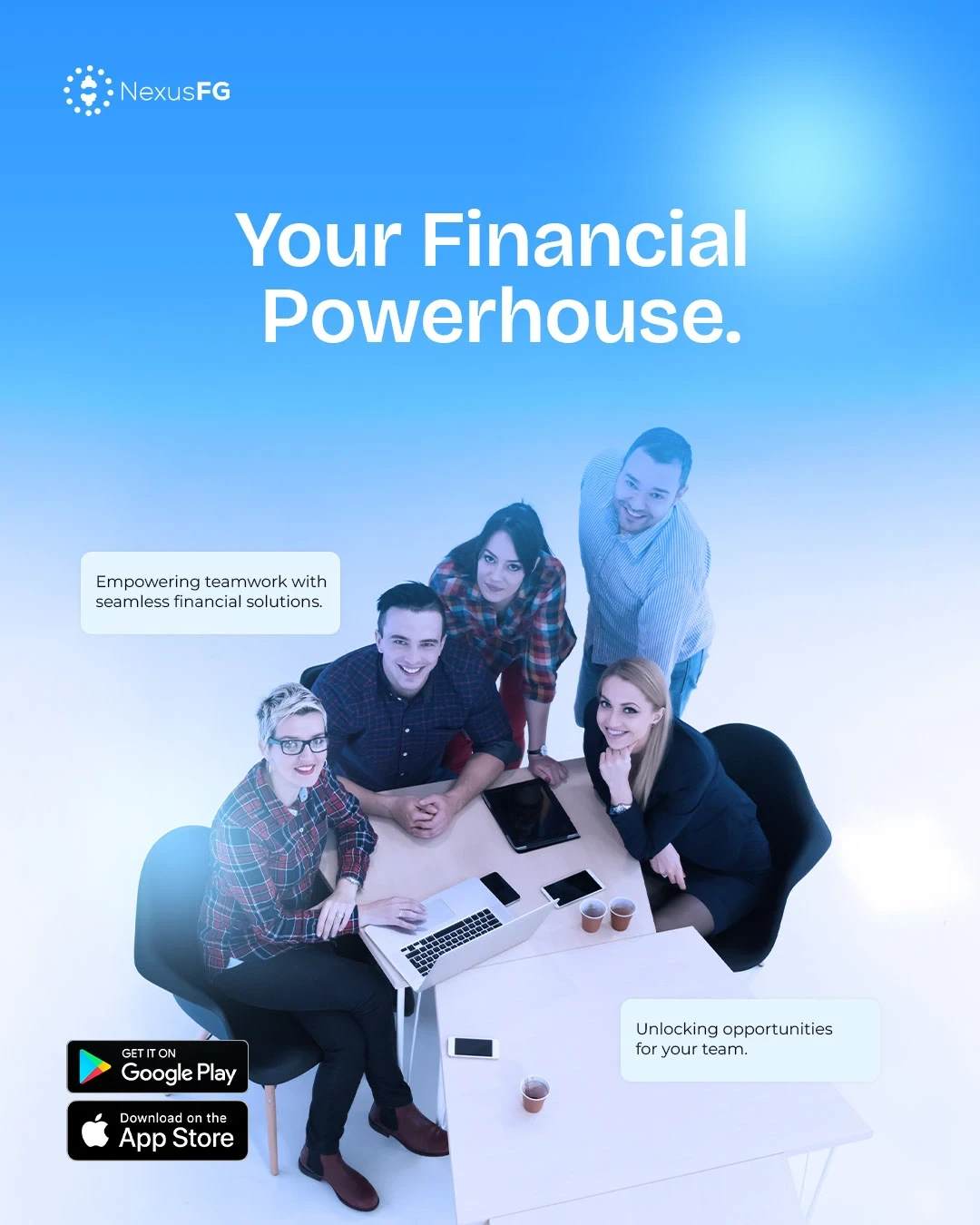The Design: 

I used the brand's established visual identity, which includes a deep navy blue, black, and white color palette. The designs feature clean, minimalist layouts with a modern sans-serif font to highlight key messages like "The Financial Powerhouse" and "NexusFG Makes Payroll Seamless". The imagery combines professional portraits with phone mockups to showcase both the human element and the seamless digital experience of the company.