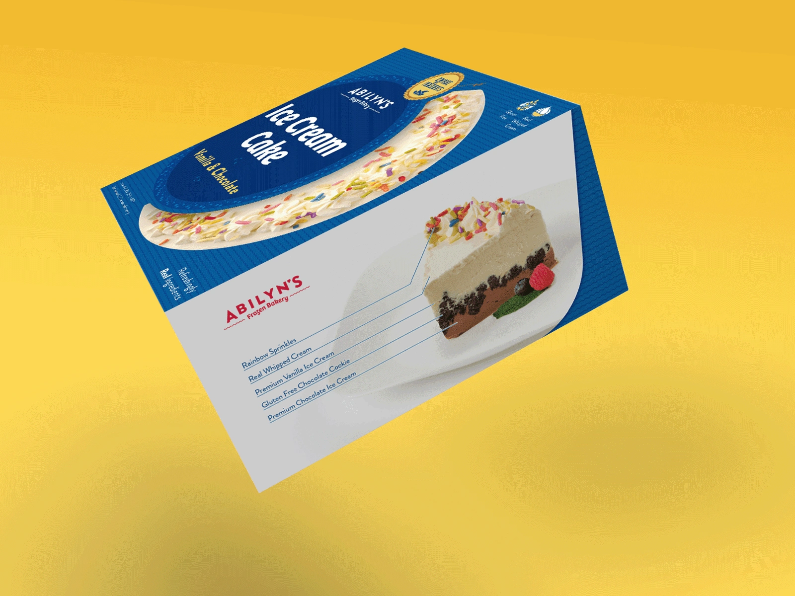 Side view of the package with callouts showcasing the ice cream cake key attributes.