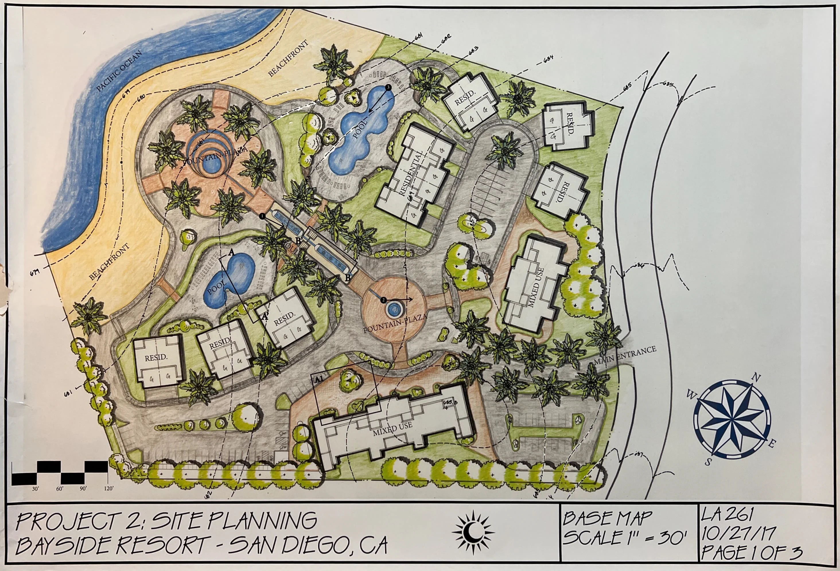 The overall Site Plan for this project was focused on ergonomic transportation and common spaces intended for lounging. The placement of nodes were crucial in order to make the property flow from one section to another. The Mixed Use properties are located more closely to the entrance road, while the residential properties are separated by common areas to provide a sense of privacy (more vegetation could have been utilized to provide this effect). Parking spaces are numbered to fit a total of 70 vehicles, to accommodate the 16 residents and overflow for the commercial mixed-use properties.