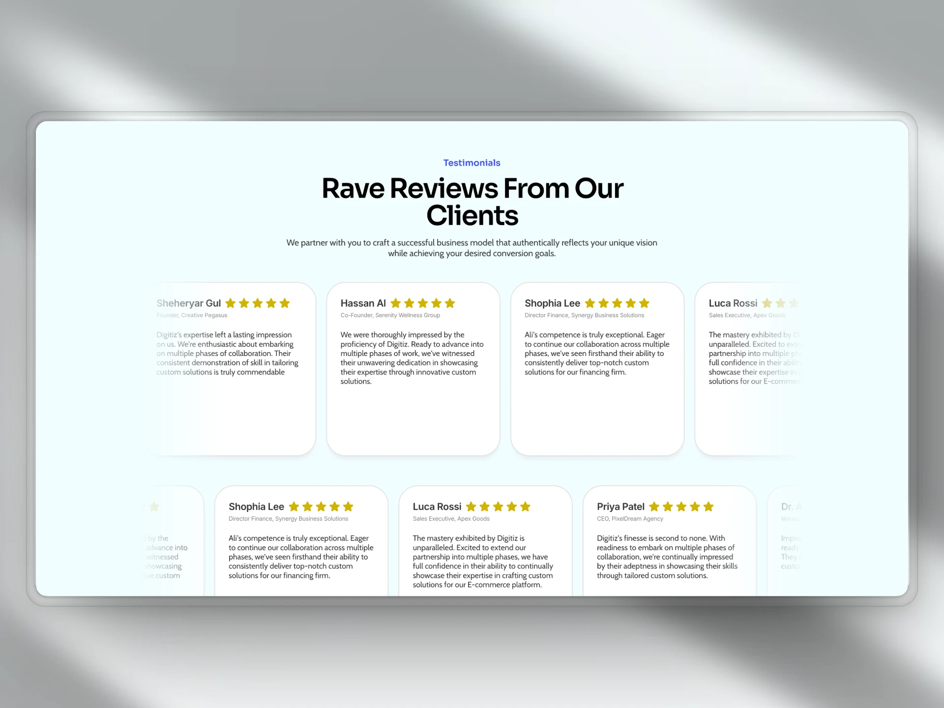 Reviews section with animations & micro-interactions